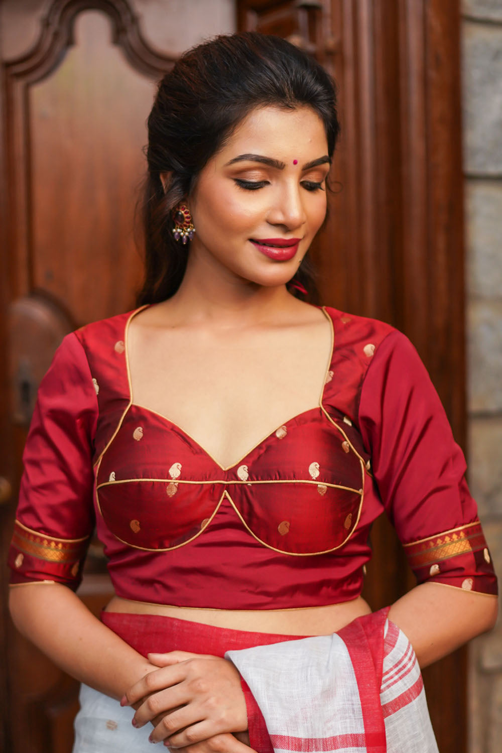 Maroon pure silk two fabric sweetheart neck blouse