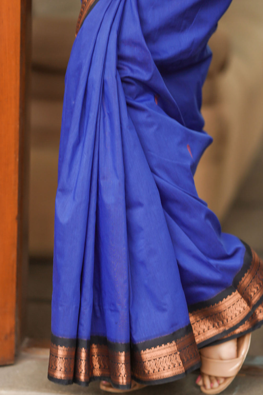 Midnight blue with black border mercerised cotton saree with Rich zari pallu