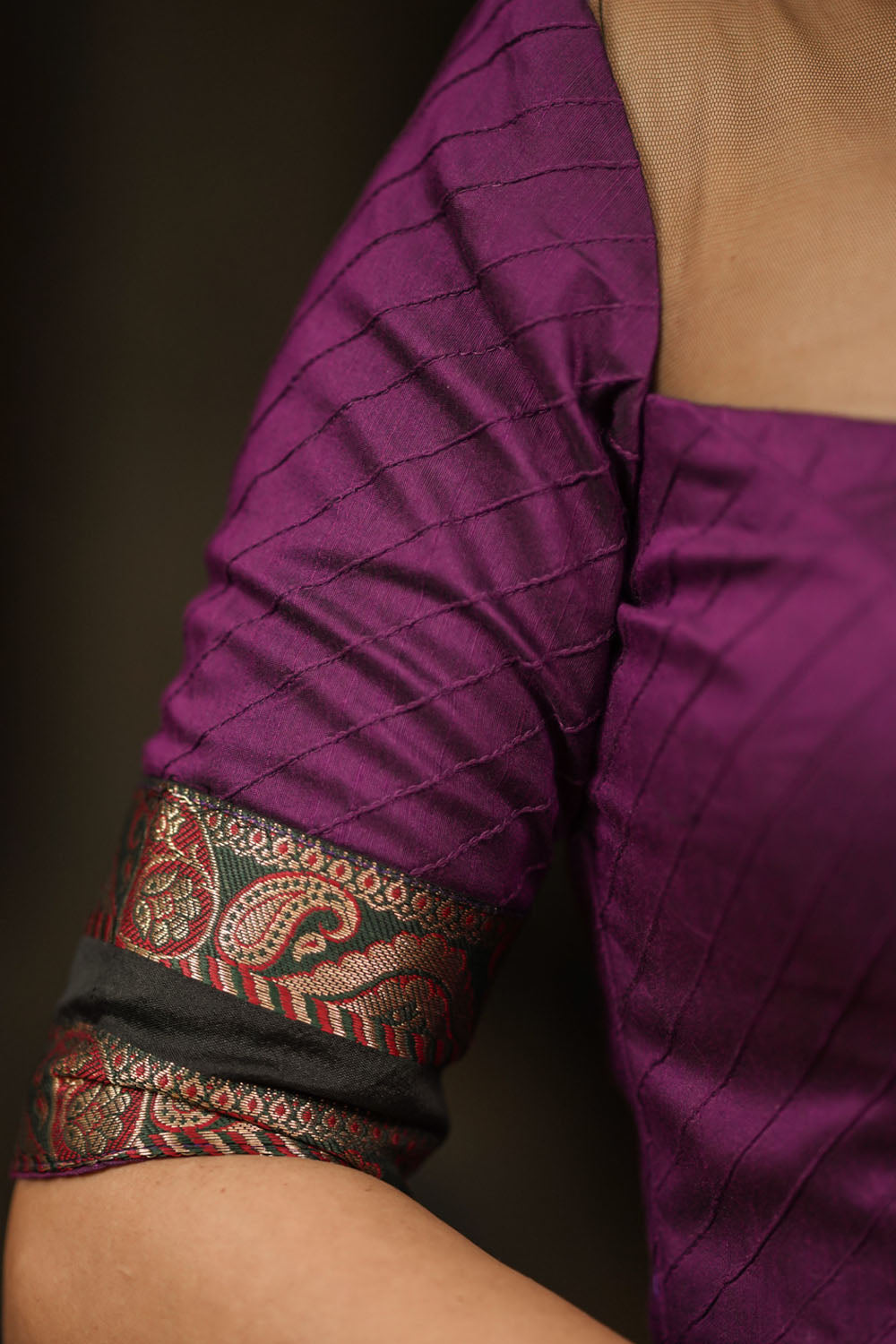 Grape rawsilk pintuck collar neck blouse with black net yoke, Made to Order