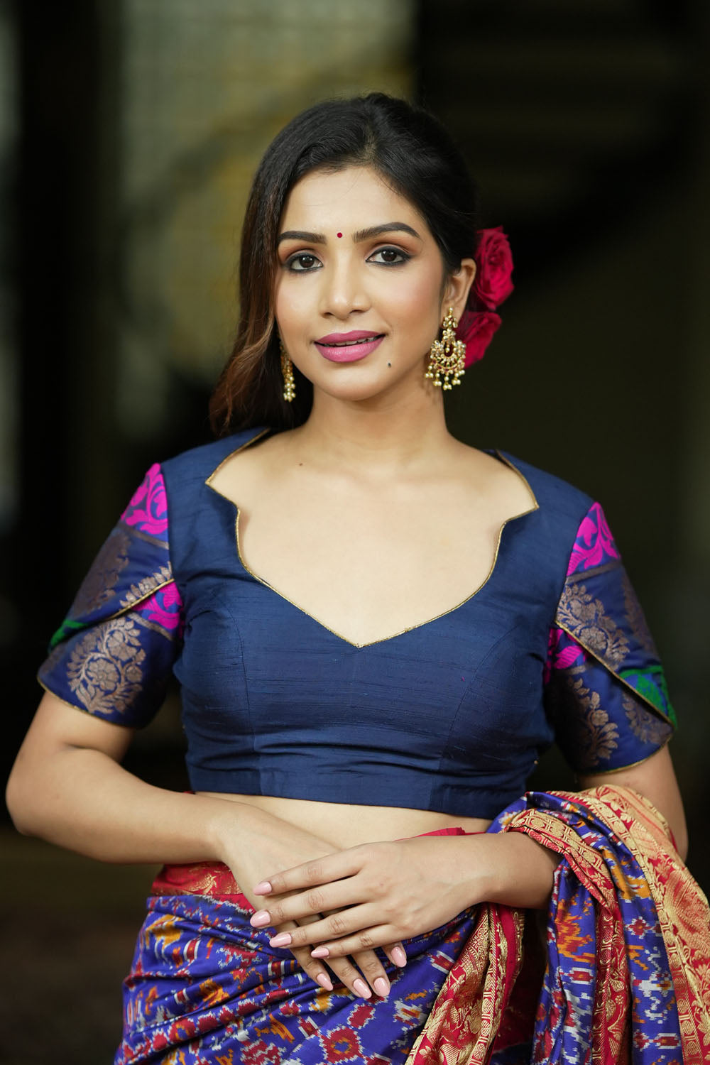 Navy Blue Pure Raw Silk & brocade Sweetheart neck blouse with Tulip sleeves, Made to Order