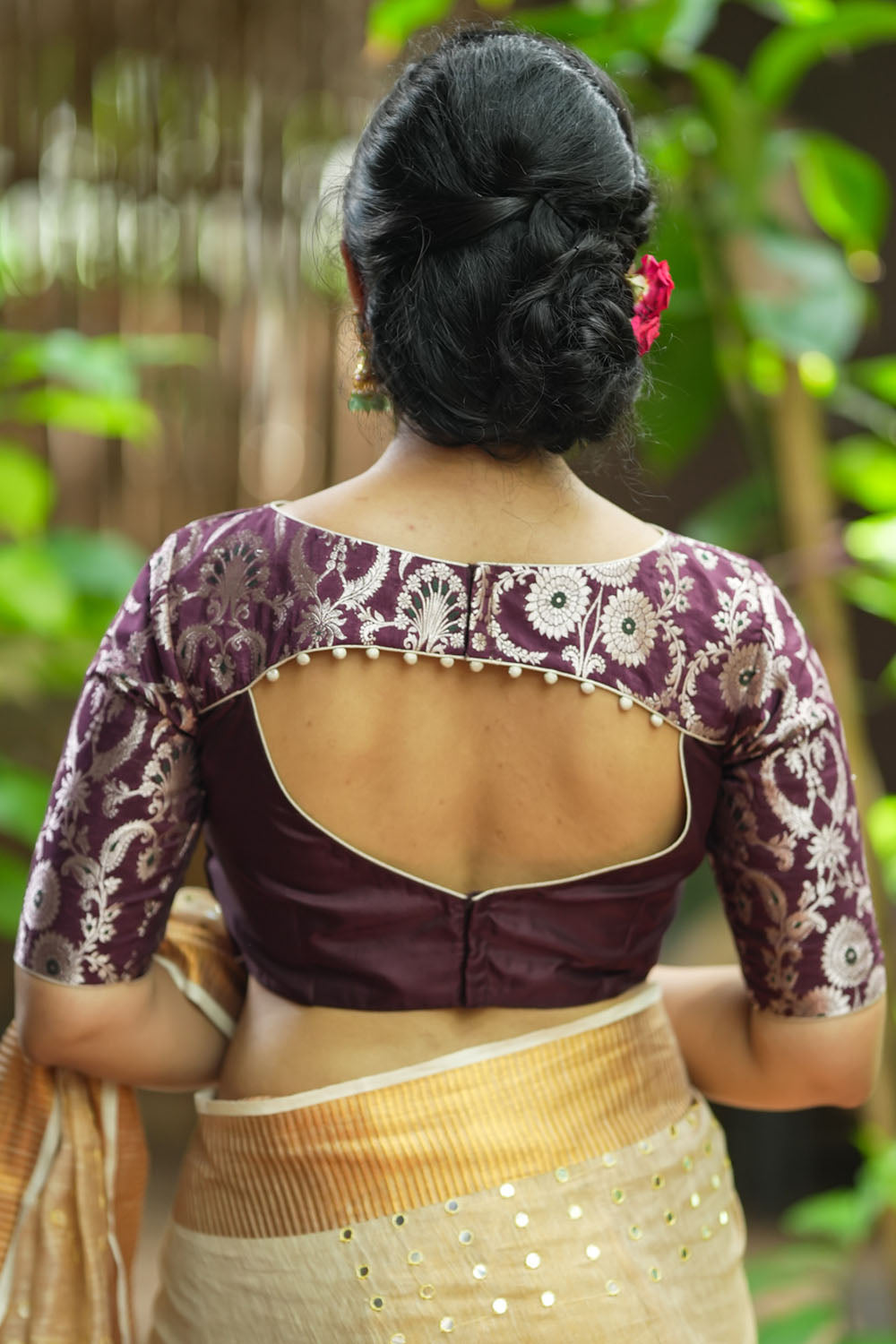 Burnt maroon silk and banarasi  brocade  with cutout yoke design