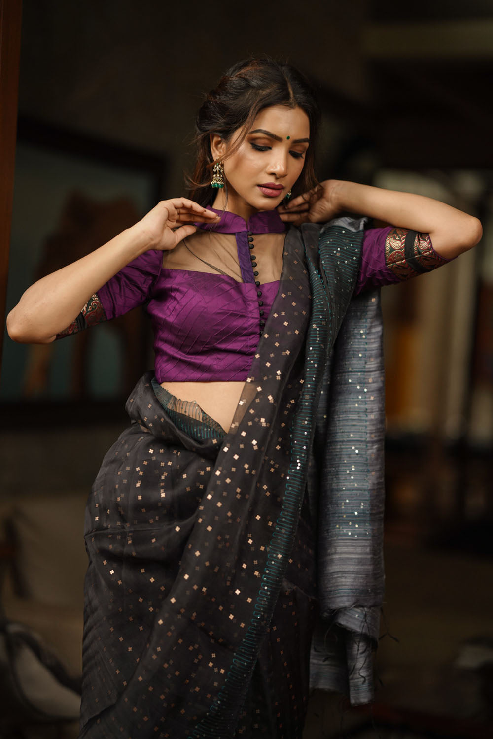 Grape rawsilk pintuck collar neck blouse with black net yoke, Made to Order