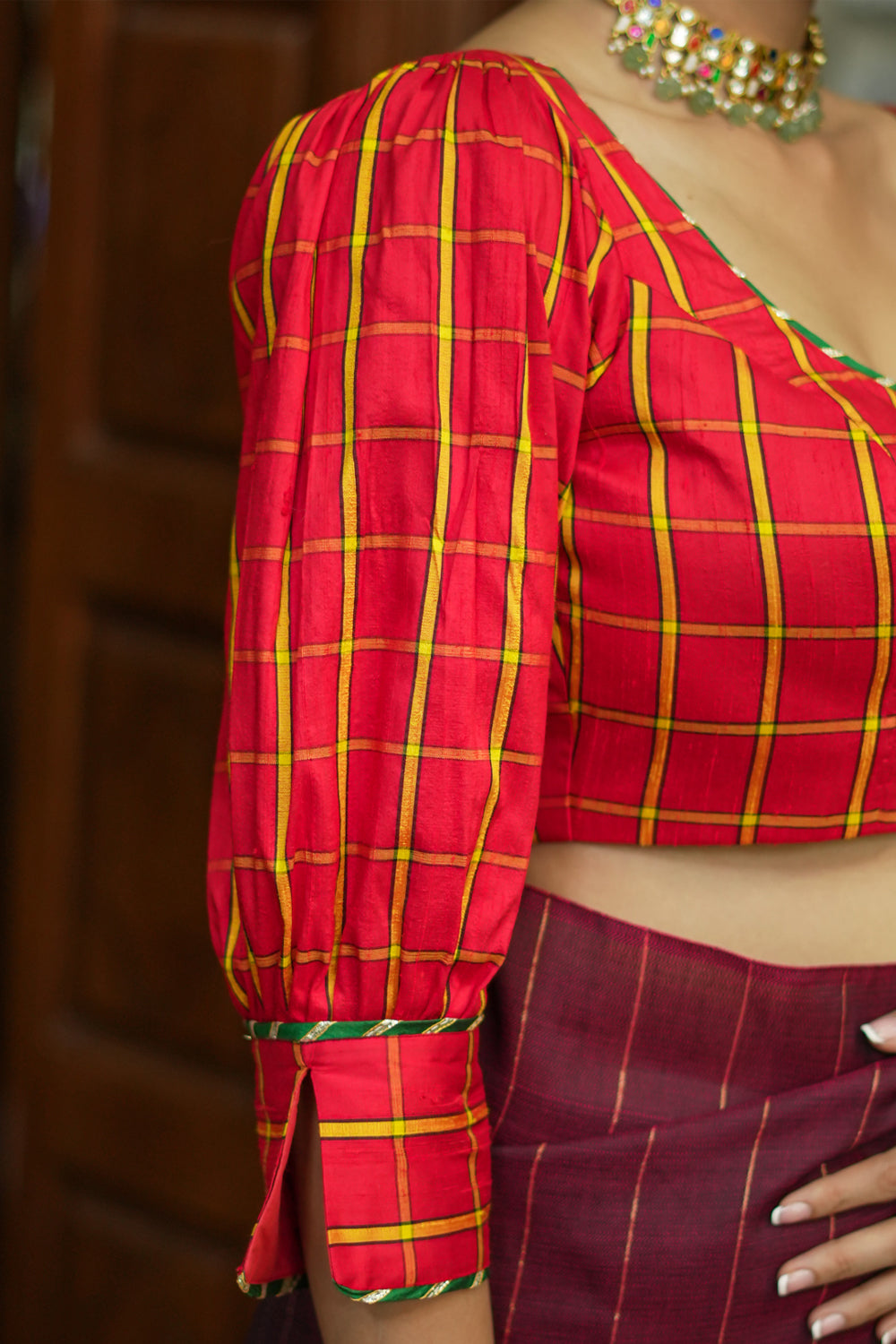 Red checked pure rawsilk U neck blouse with puff sleeves