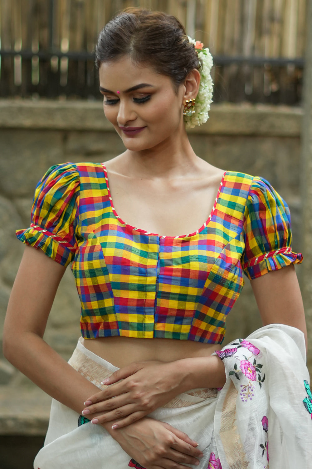 Multicolor small checked pure rawsilk u neck blouse with puff sleeves