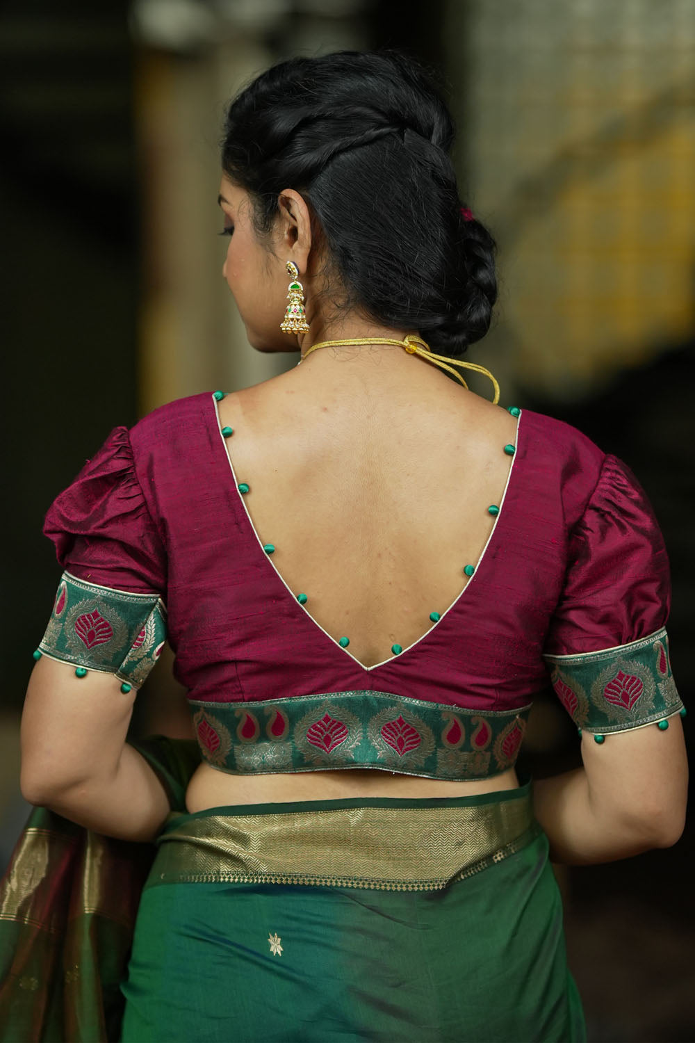 Maroon pure Raw silk V neck blouse with puff sleeves and potli button detailing, Made to Order