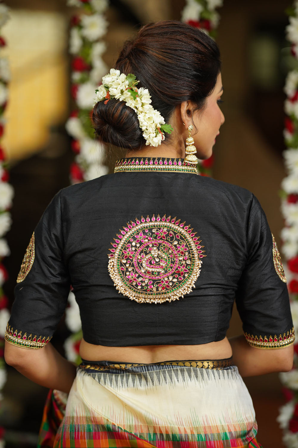 Black raw silk chinese collar blouse with  jadau mandala design