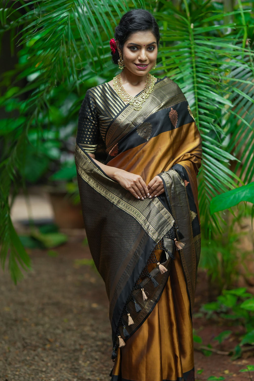 Exquisite Honey Mustard Kanjivaram Silk Saree with 2 Side 9" Stacked Borders SILK MARK CERTIFIED