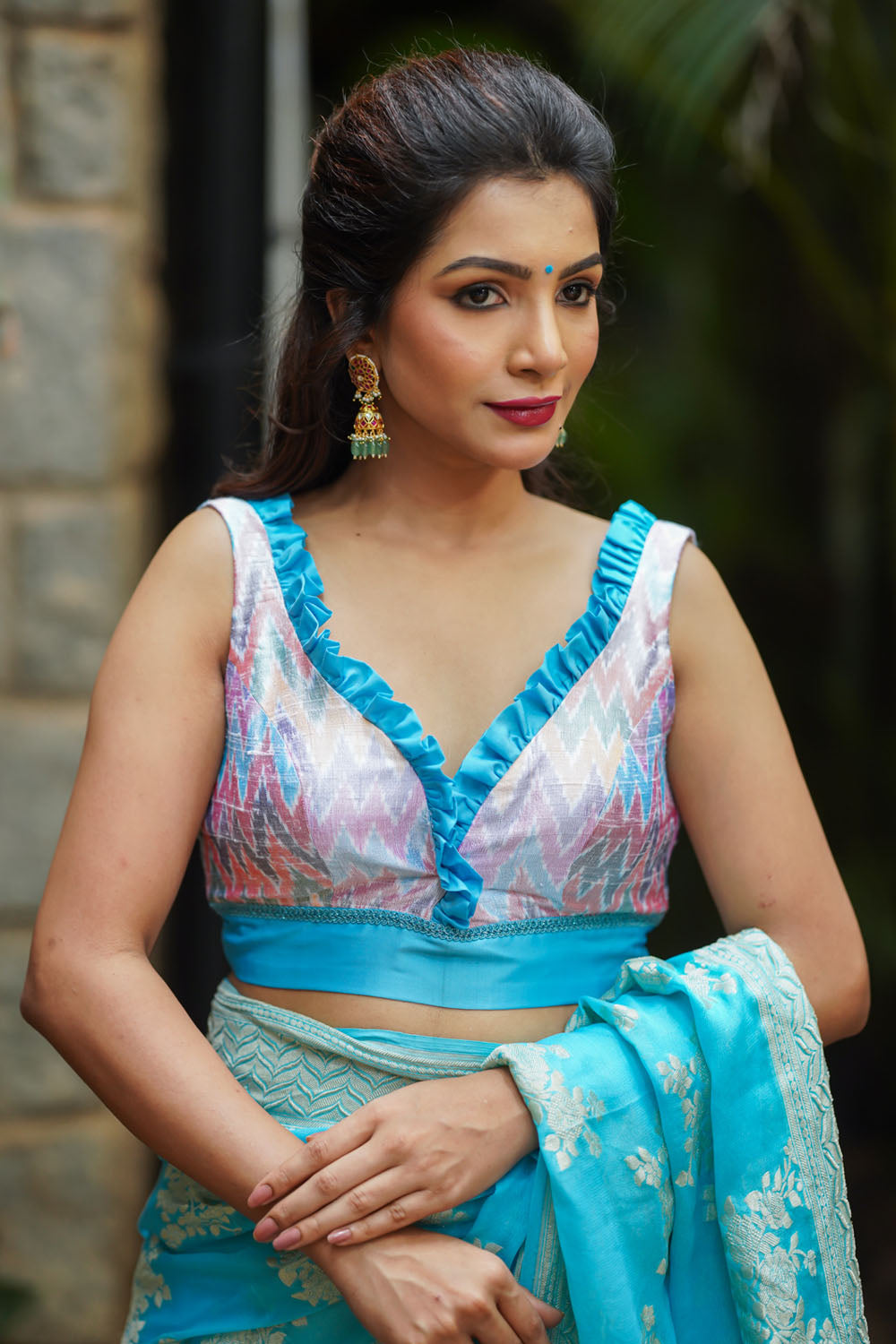 Pure Ikkat Raw Silk Blouse with Blue Frill Trim, Made to Order