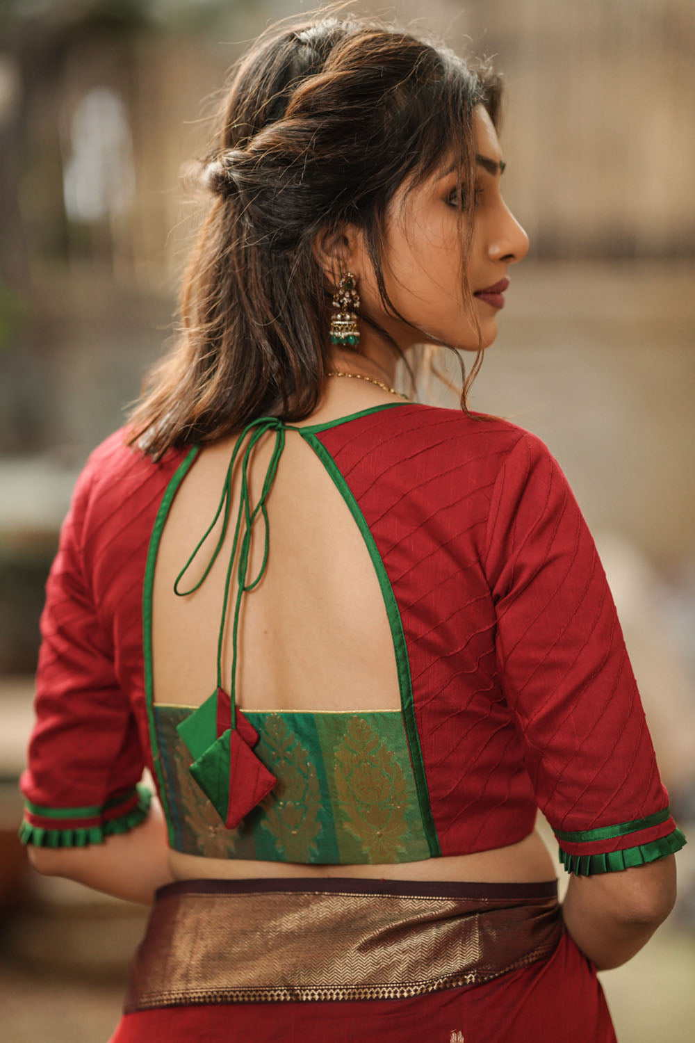 Red cotton silk pintuck sweetheart neck blouse with green border