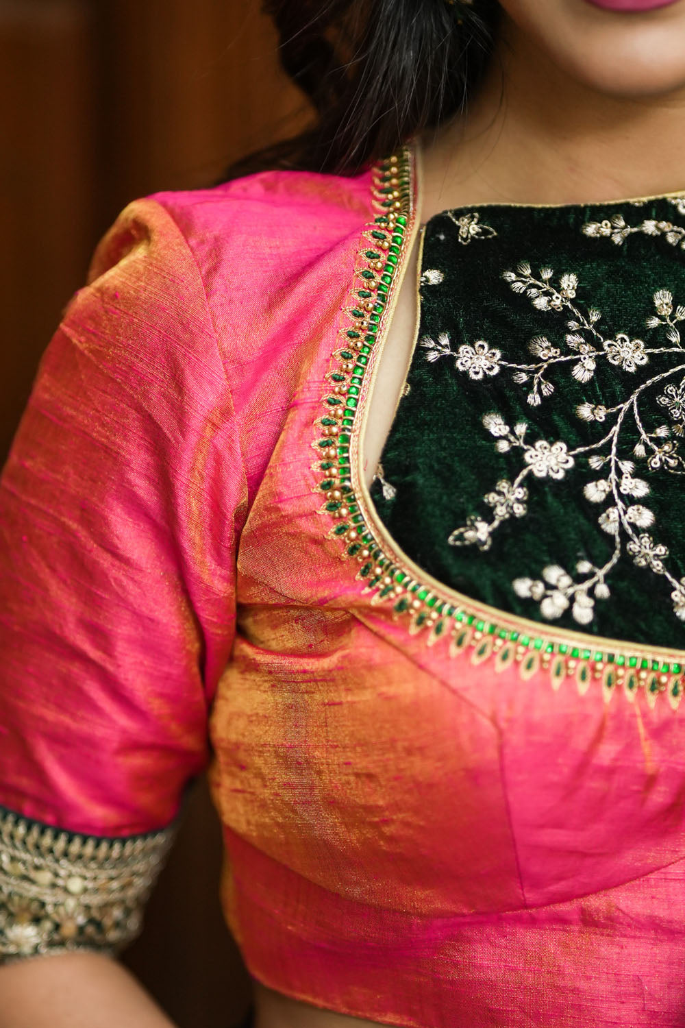 Pure Tissue Raw Silk Pink Blouse with Deep Green Velvet Yoke and Hand Work, Made to Order