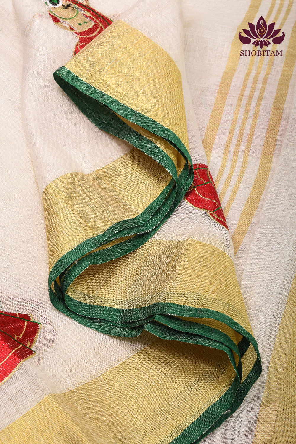 Vidya Balan Dandiya Embroidery on Off White Pure Linen by Linen Saree with Green Borders