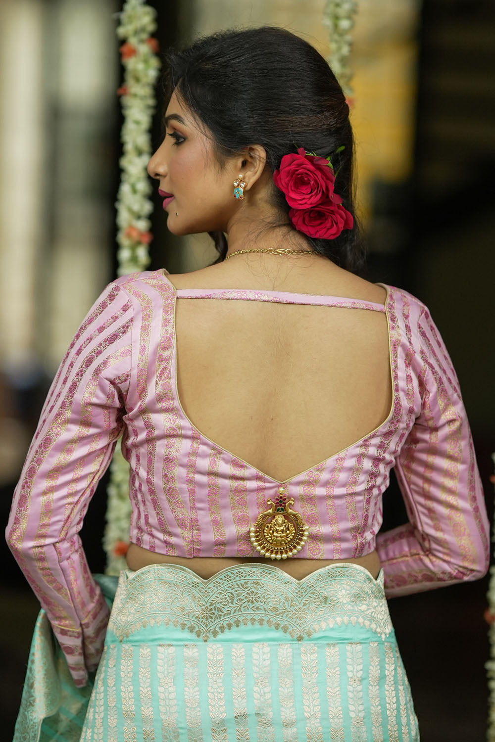 Thistle banarasi brocade  plunge neck full sleeves blouse with goddess trinket detailing