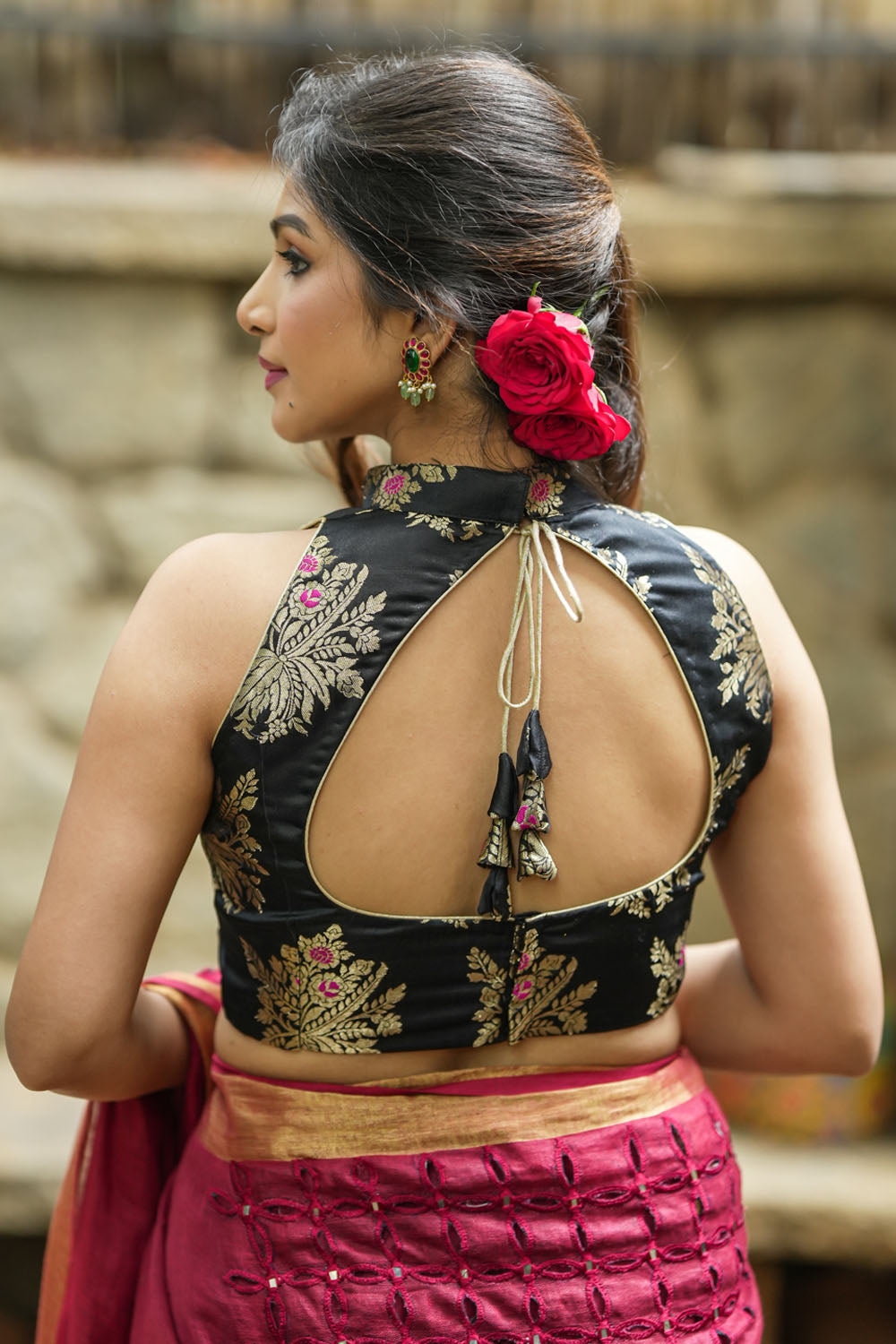 Black Meenakari halter neck mix and match blouse for saree, Made to Order