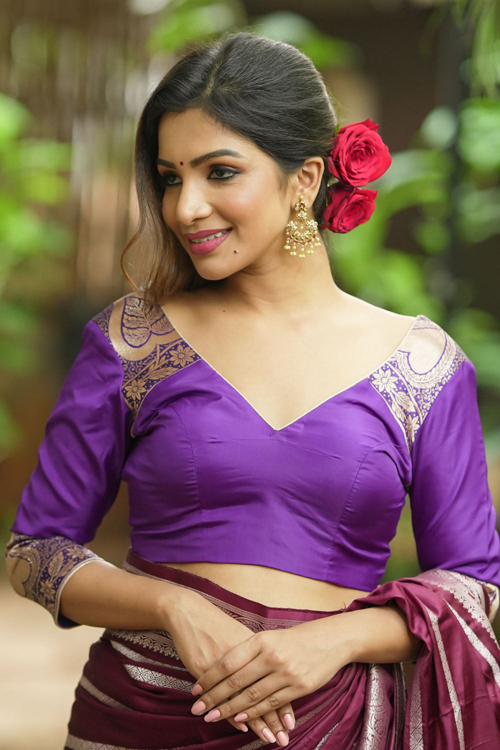 Purple silk & brocade V neck blouse with 3/4th sleeves, Made to Order