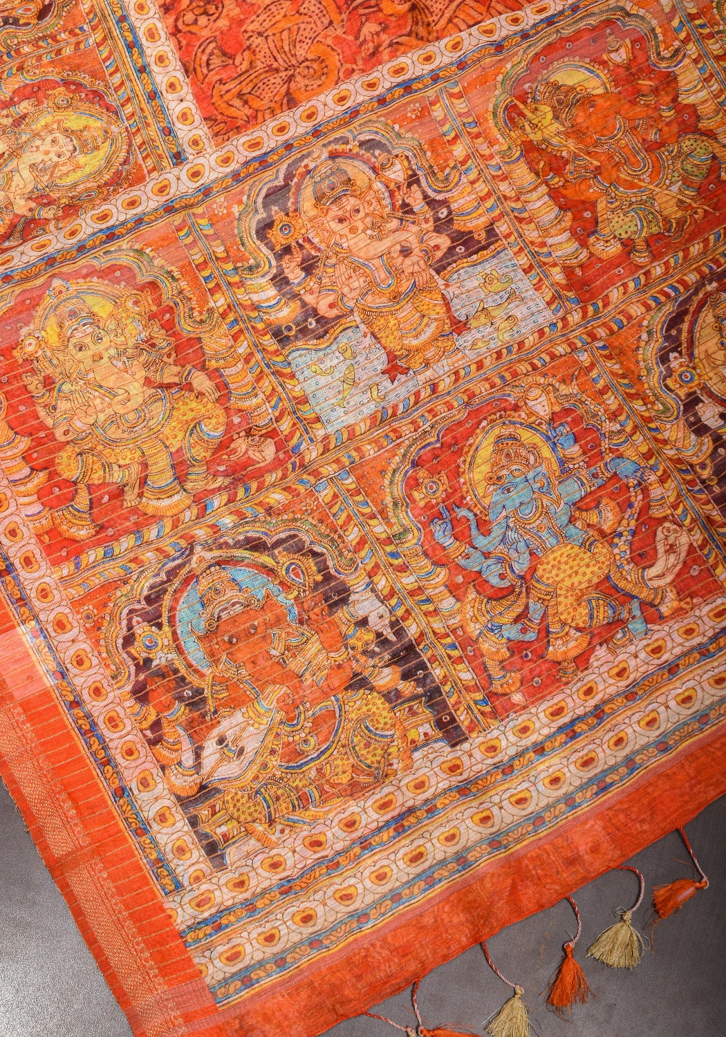 Orange Silk Linen Saree with Lord Ganesha theme Kalamkari Digital Print and Minimal Zari Border