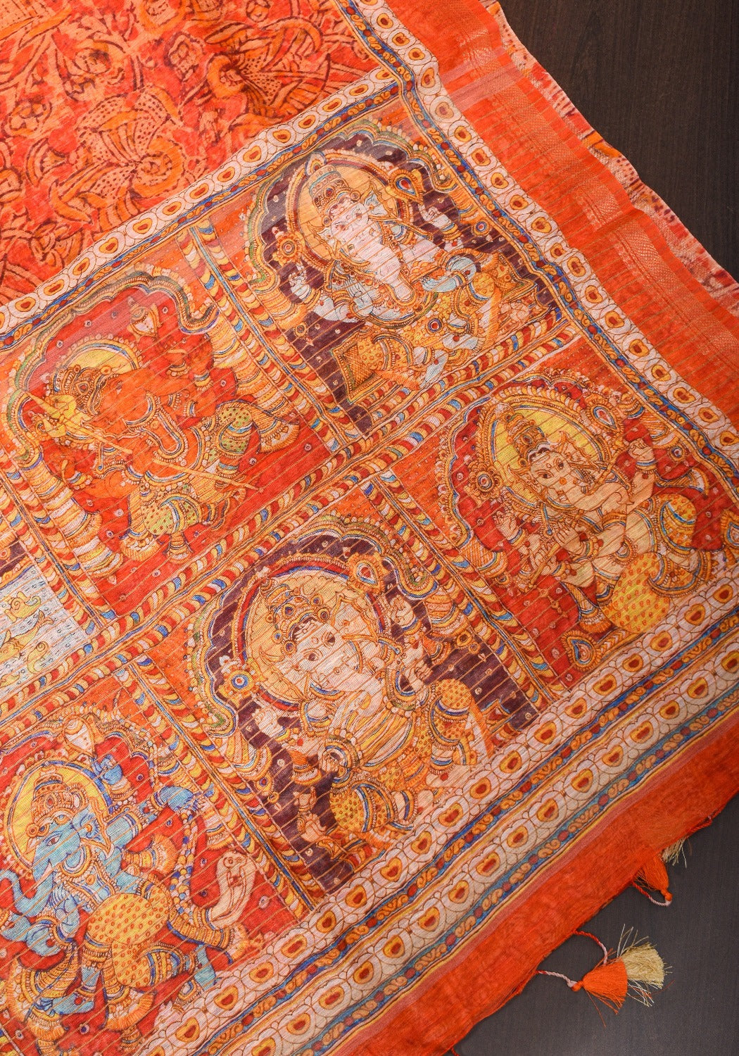 Orange Silk Linen Saree with Lord Ganesha theme Kalamkari Digital Print and Minimal Zari Border