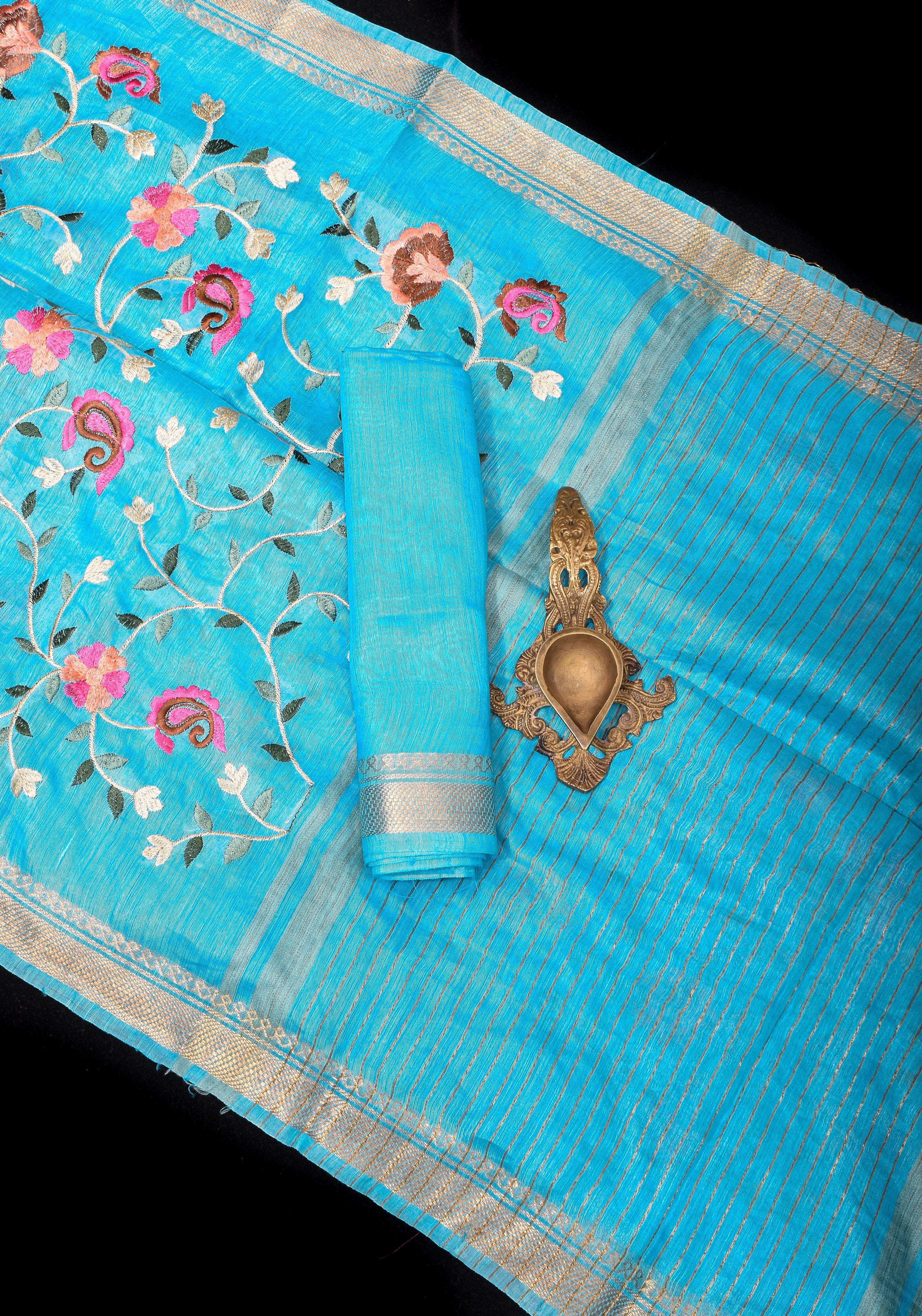 Floral Jaal embroidery on Silk Linen In Blue with woven zari borders