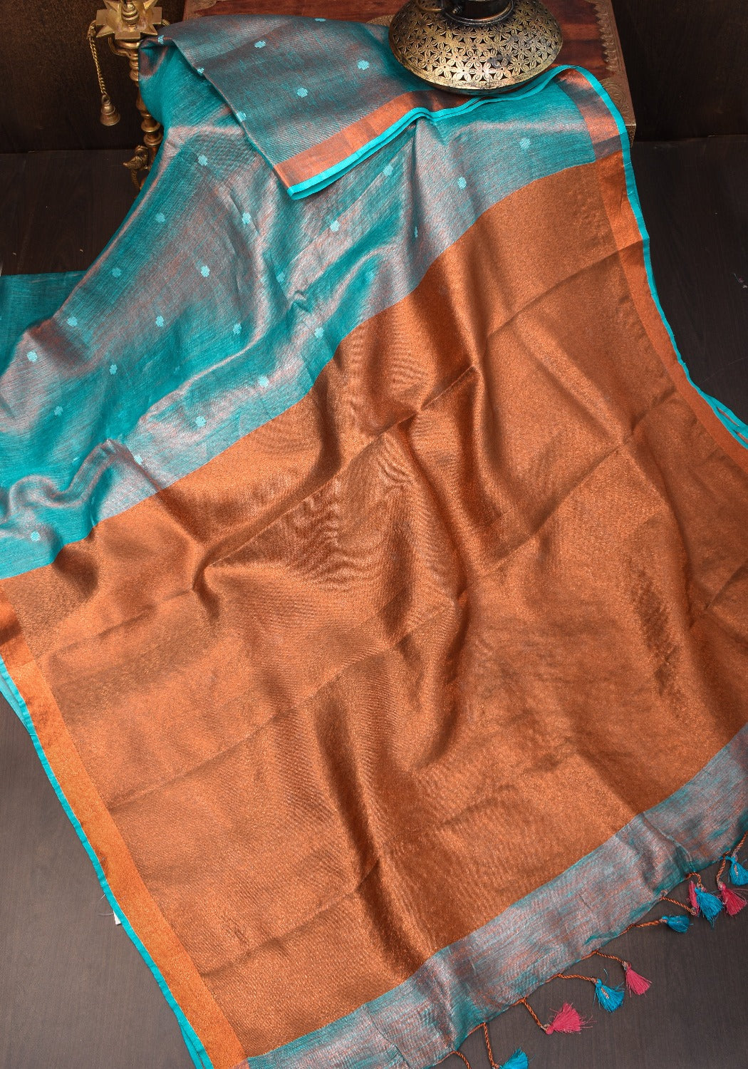 Teal Copper Tissue Stunning Tissue Linen Saree with Chunri Butis and Full Tissue Pallu