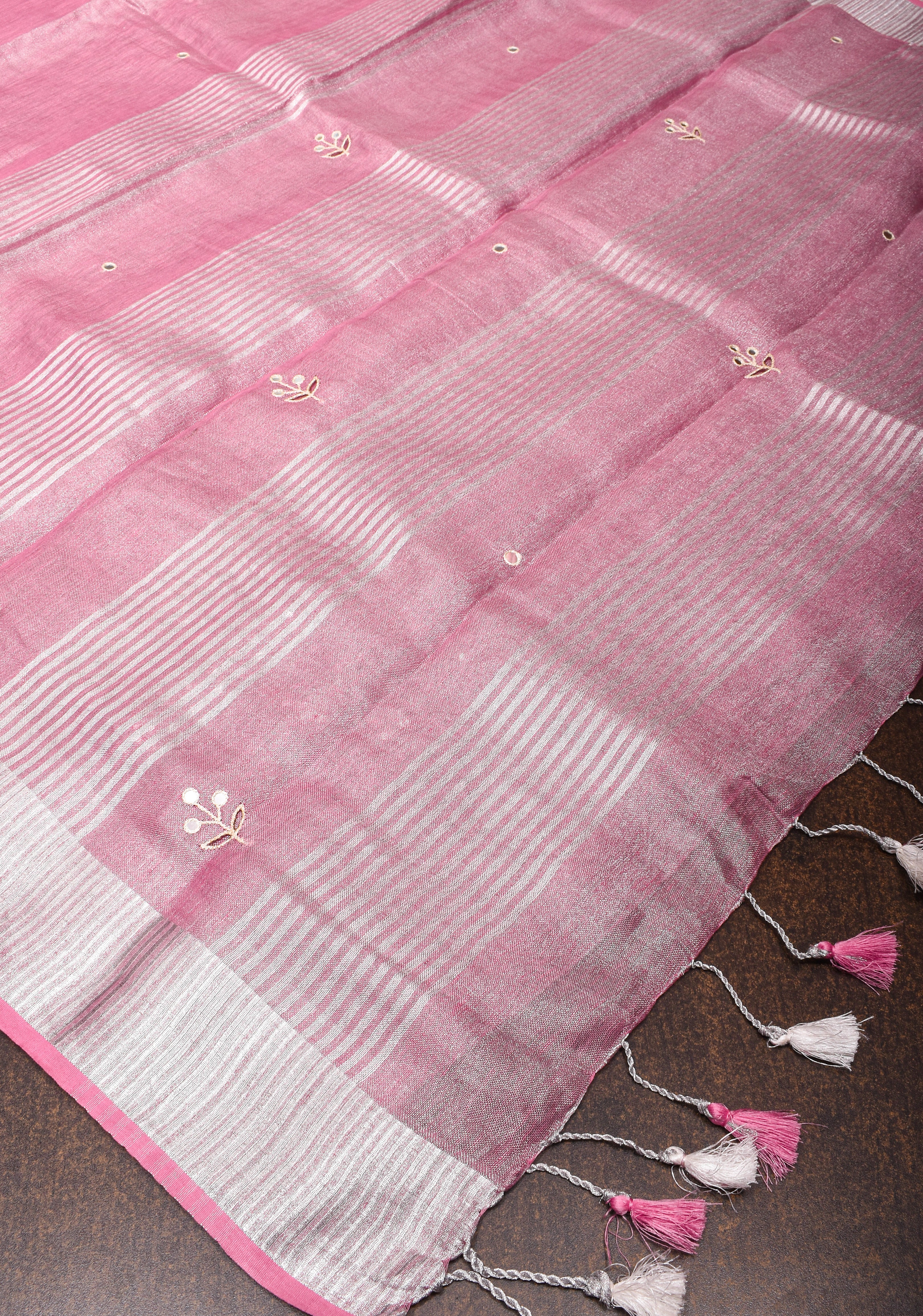 Tree Cutwork and Mirror Work Tissue Linen Saree in Baby Pink