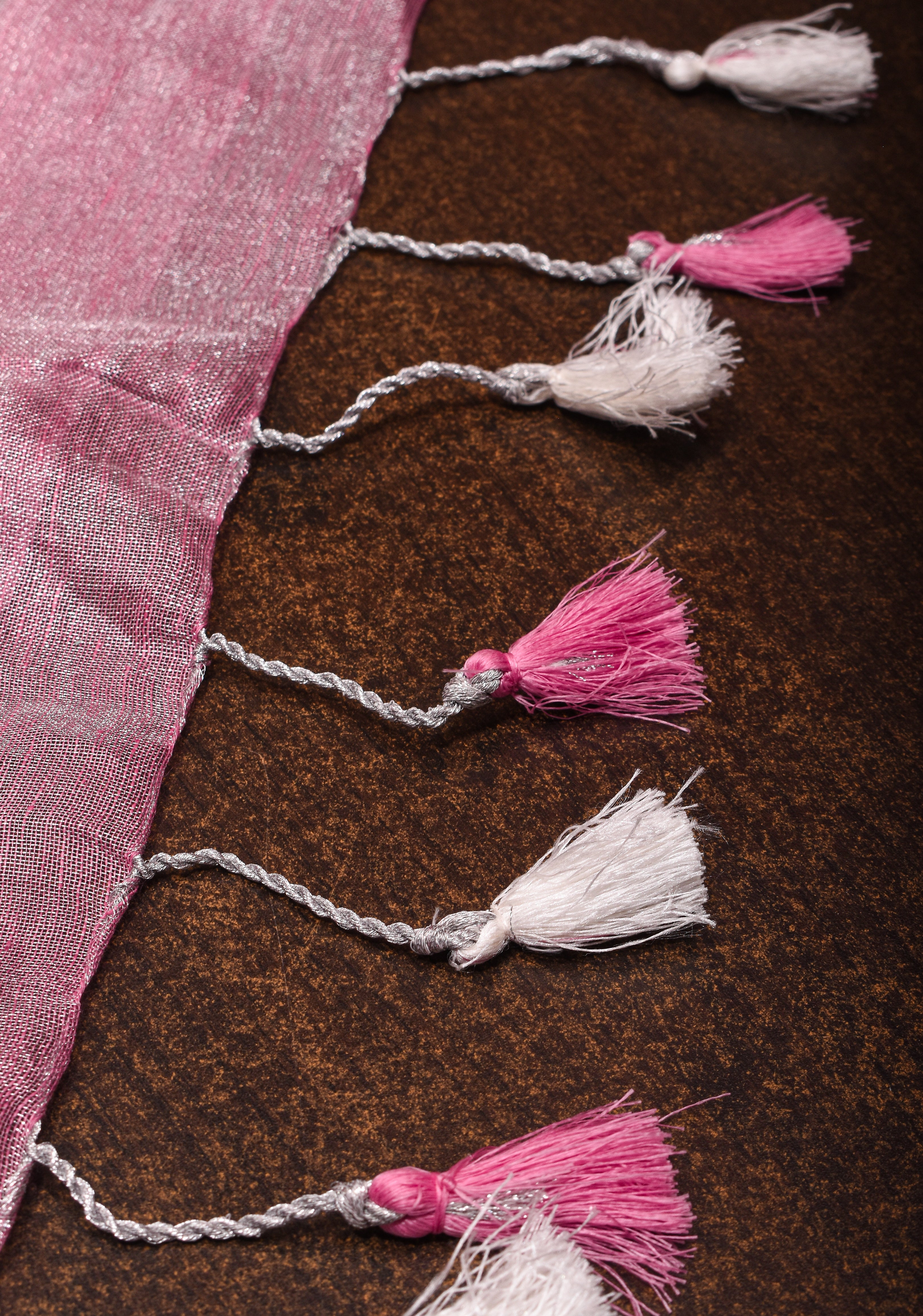 Tree Cutwork and Mirror Work Tissue Linen Saree in Baby Pink