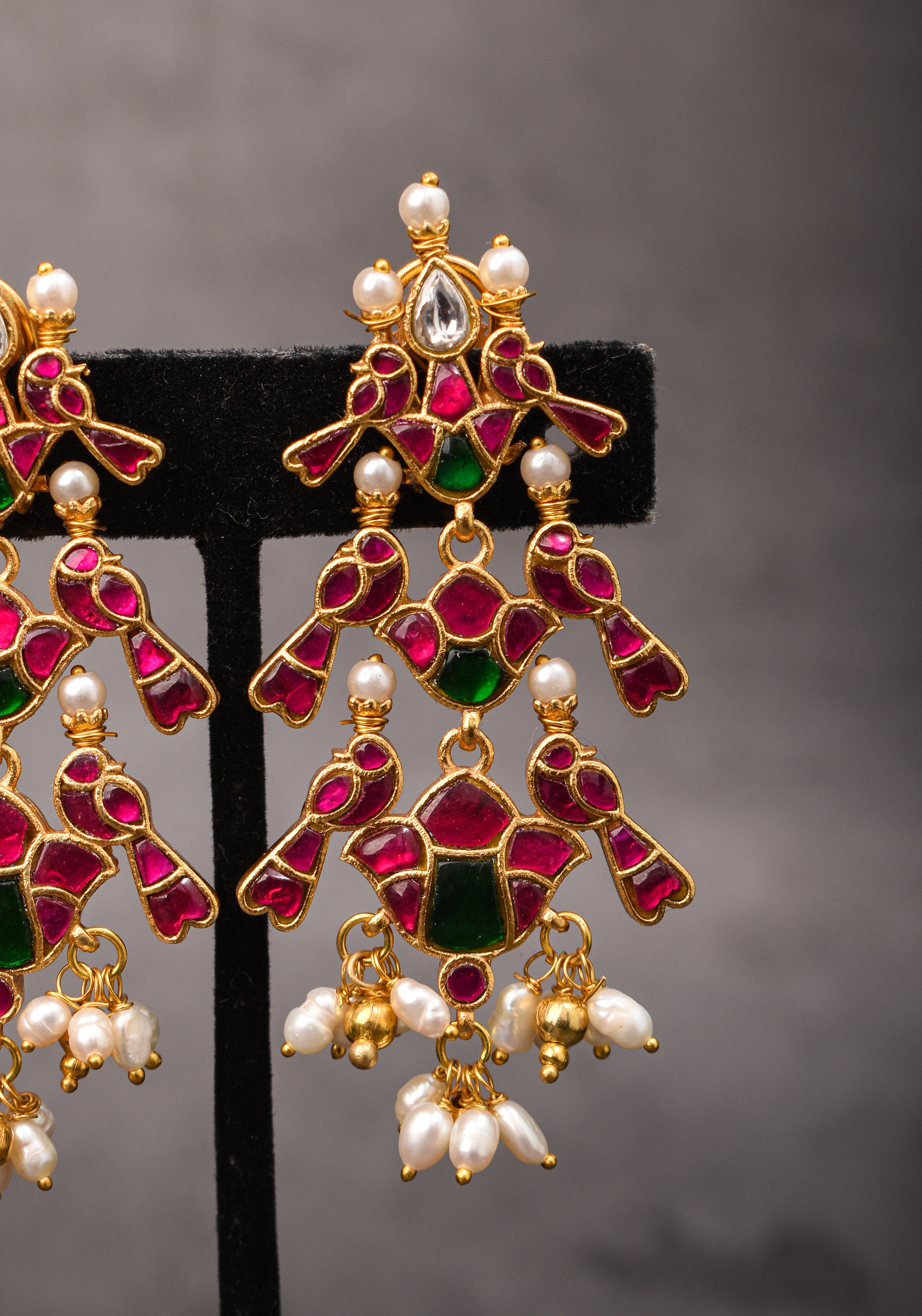 2.75" Layered Pink & Green Stone Peacock Earrings with Dangling White Beads