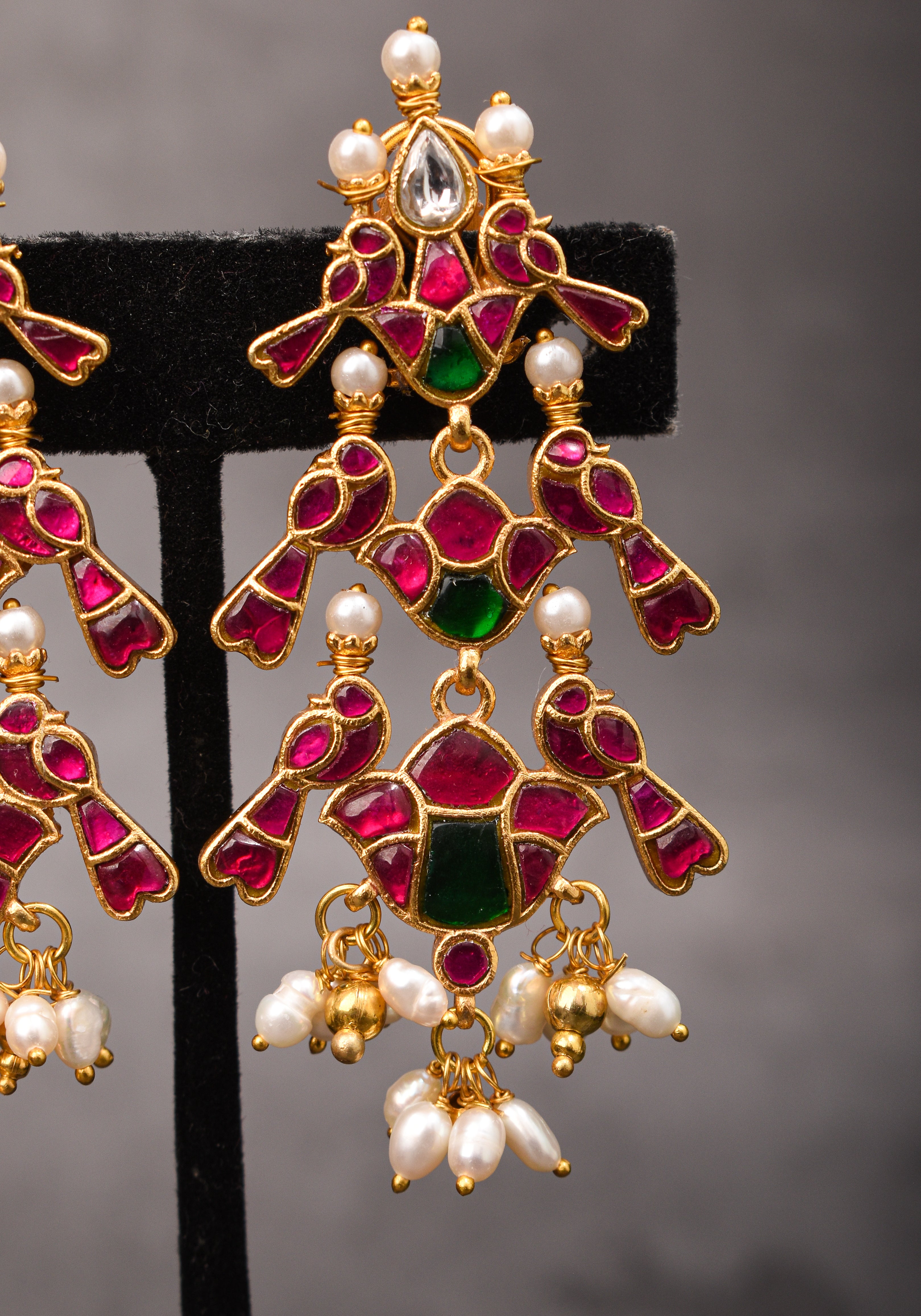 2.75" Layered Pink & Green Stone Peacock Earrings with Dangling White Beads
