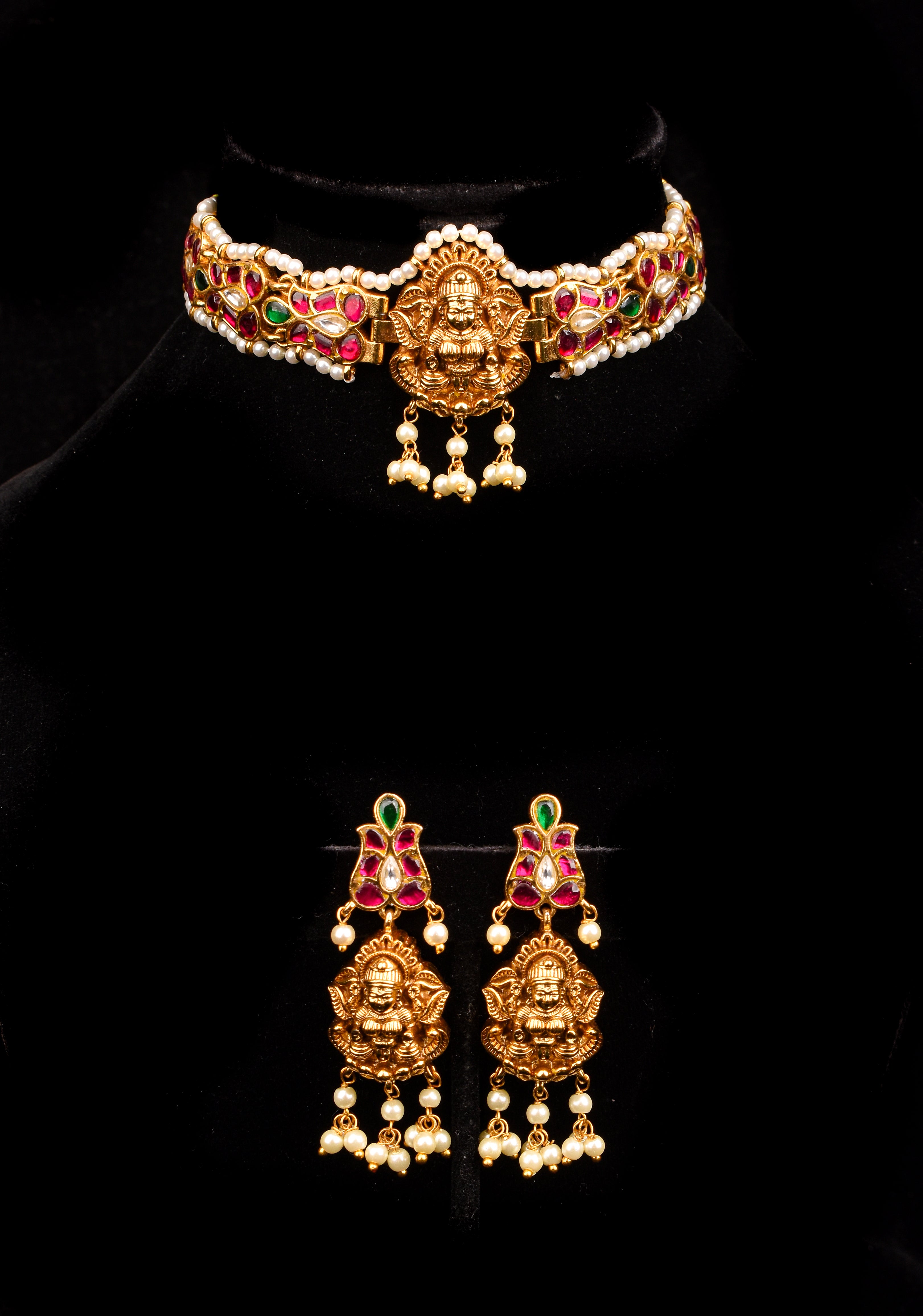 Lakshmi Nagas in Antique Gold and Jadau Fusion Choker and earrings set