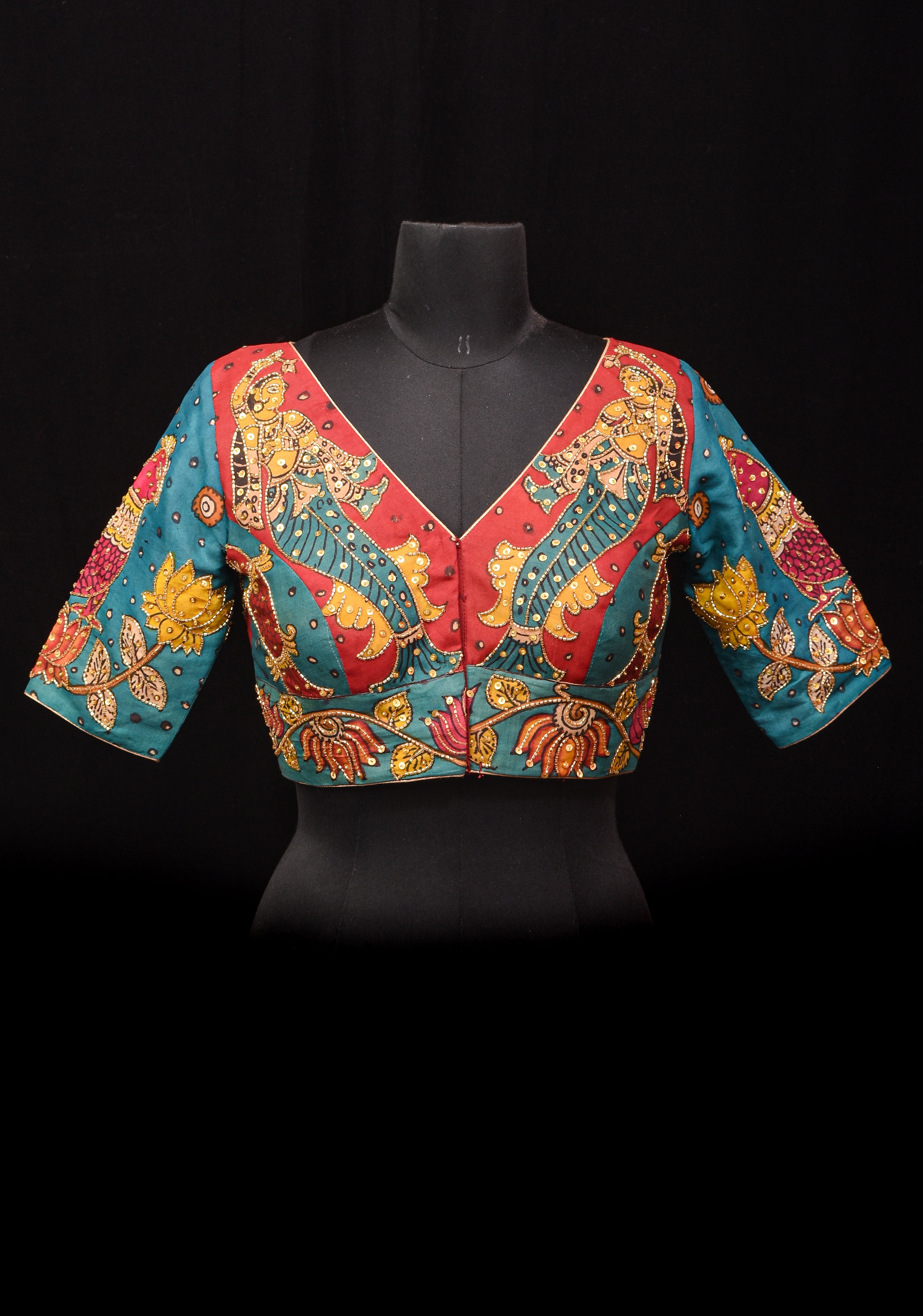 Pen Kalamkari And Cutdana Handwork Blouse in Blue and Red, Made to Order