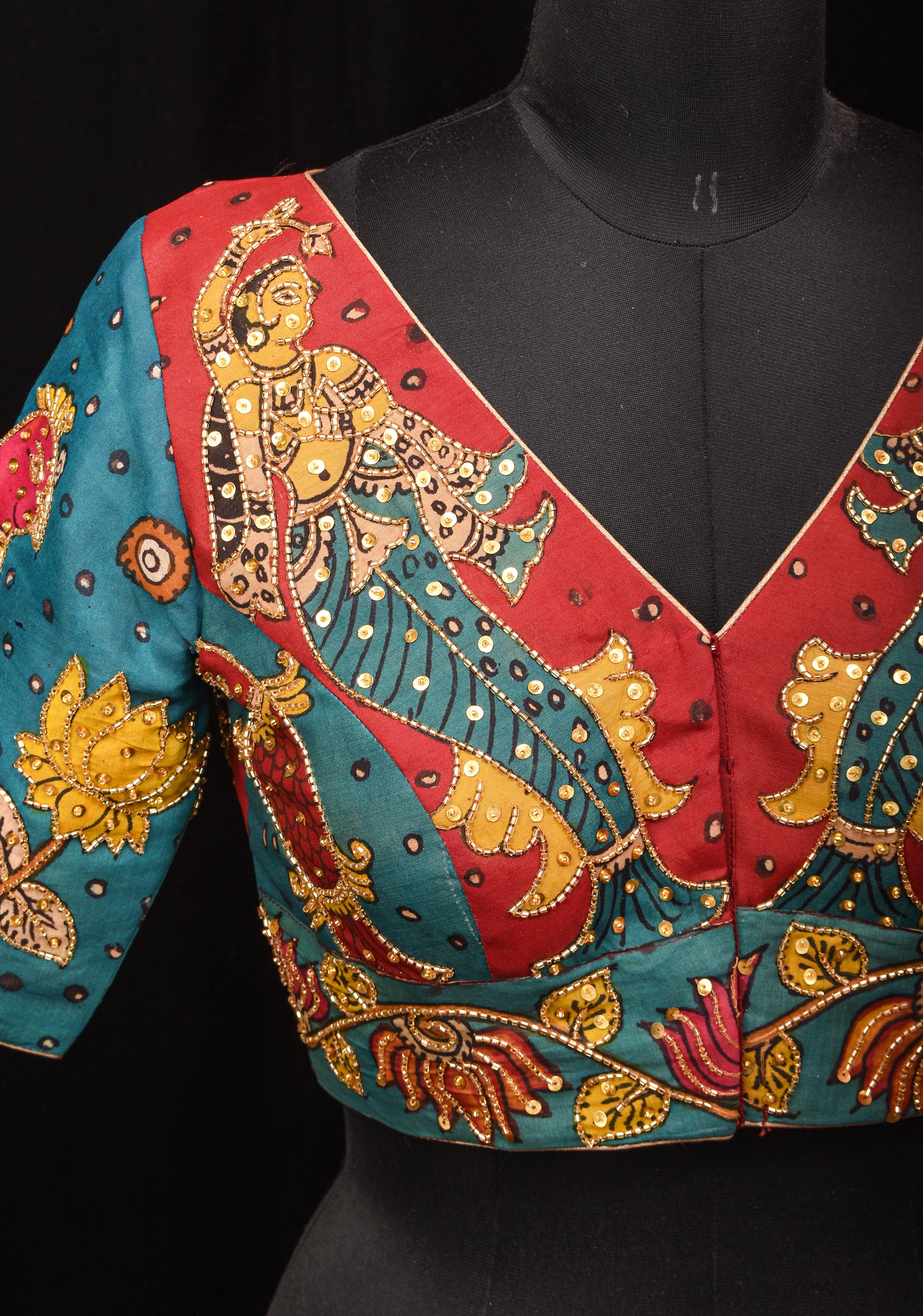 Pen Kalamkari And Cutdana Handwork Blouse in Blue and Red, Made to Order