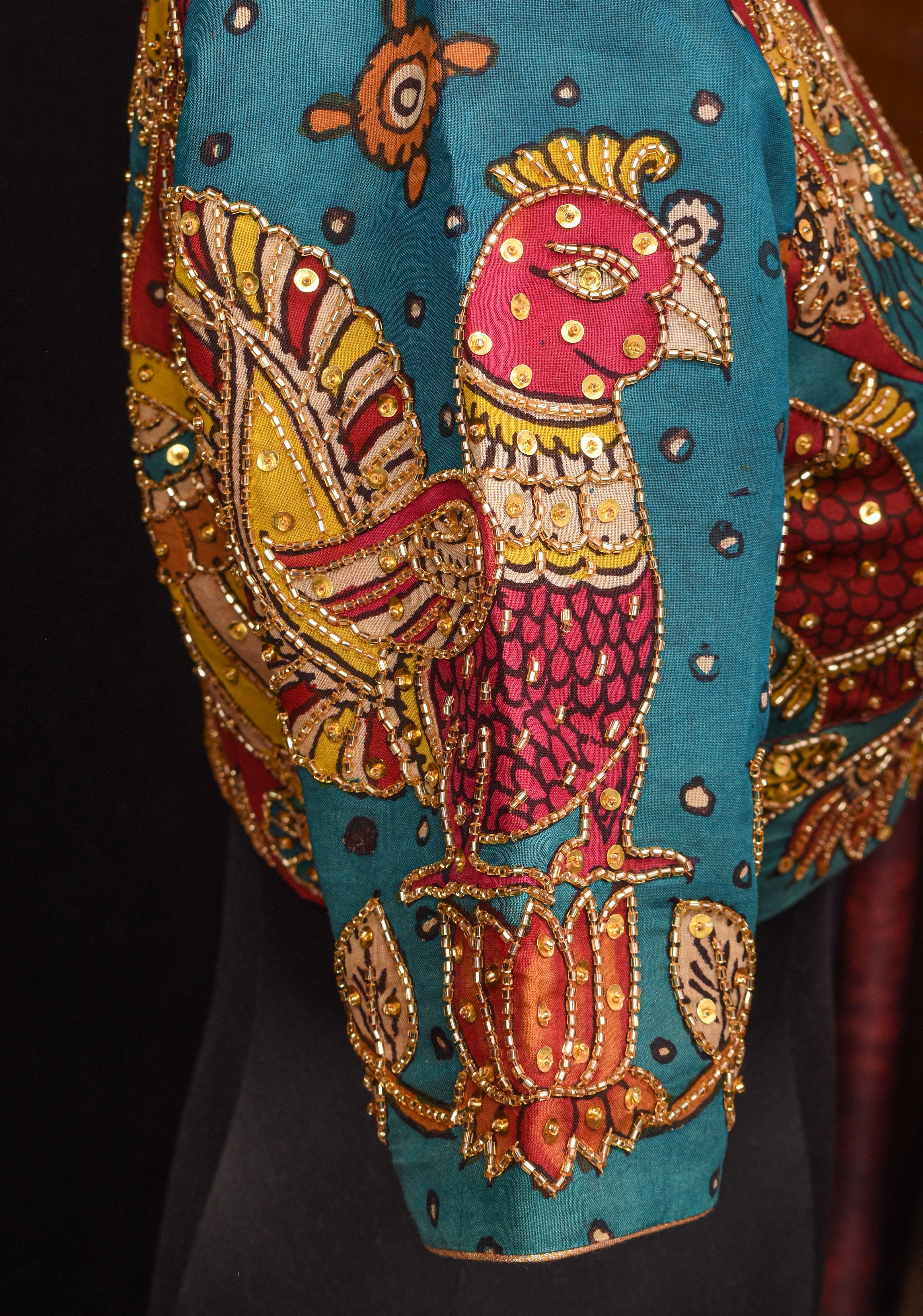 Pen Kalamkari And Cutdana Handwork Blouse in Blue and Red, Made to Order