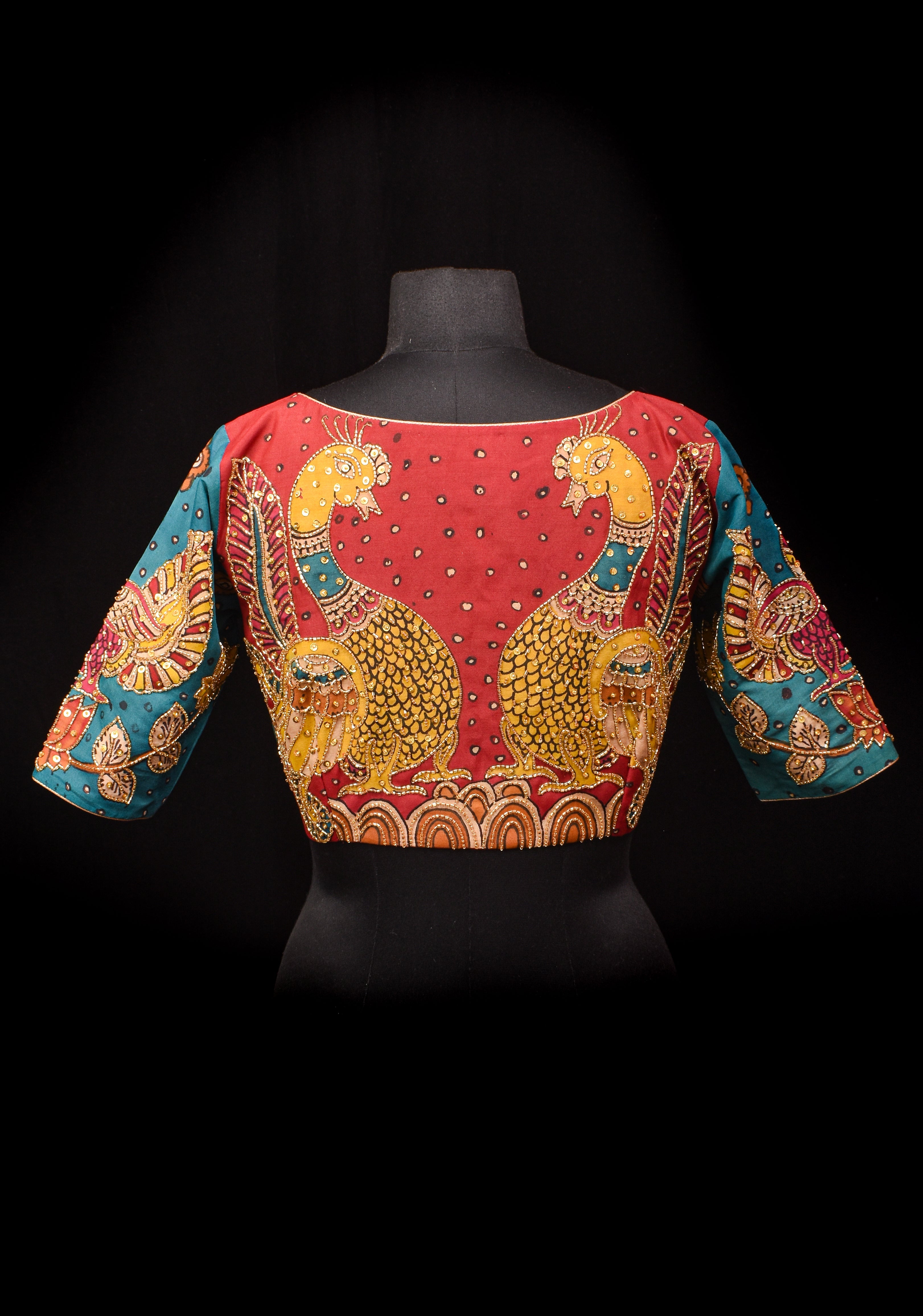 Pen Kalamkari And Cutdana Handwork Blouse in Blue and Red, Made to Order