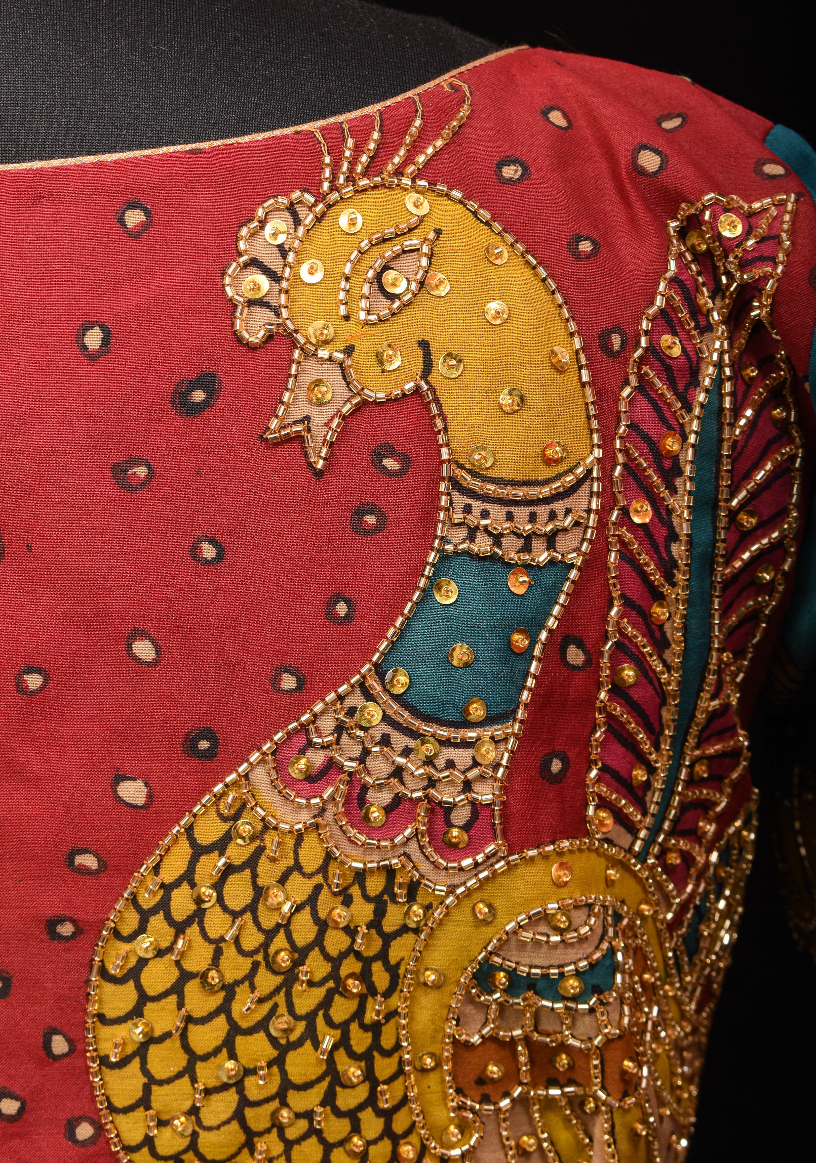 Pen Kalamkari And Cutdana Handwork Blouse in Blue and Red, Made to Order