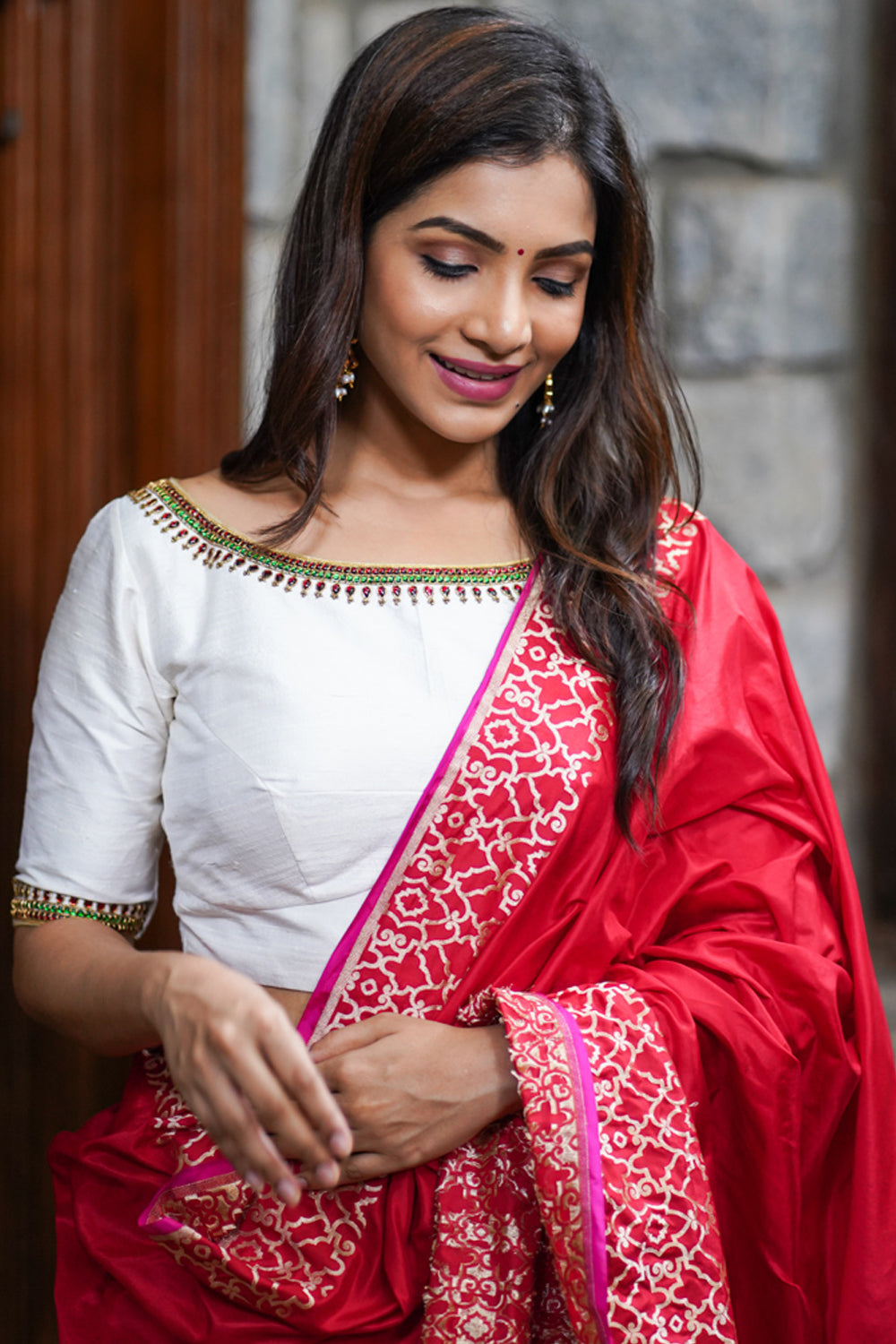 Ivory Pure Raw Silk Blouse with Kemp work detailing on boat neck and Jadau back buttons