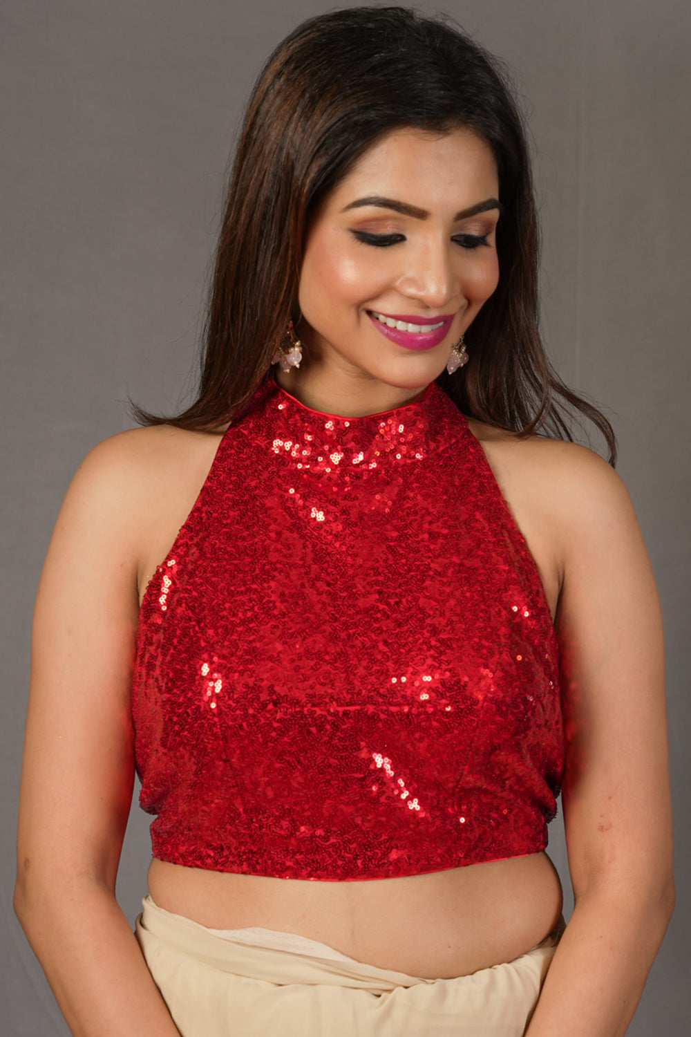 Red sequin halterneck blouse