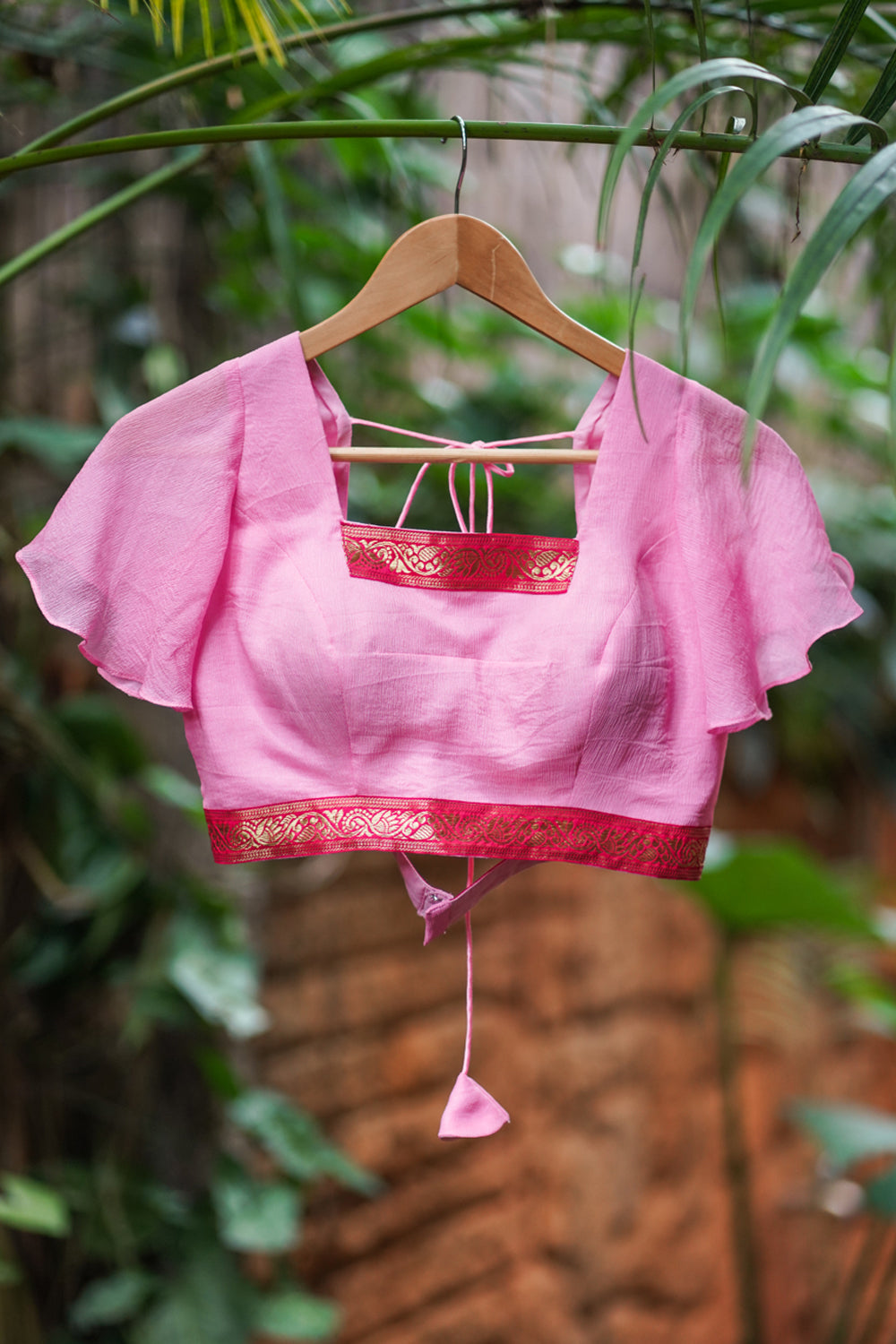 Pink Ruffle Sleeves Blouse in Chiffon with Zari detailing