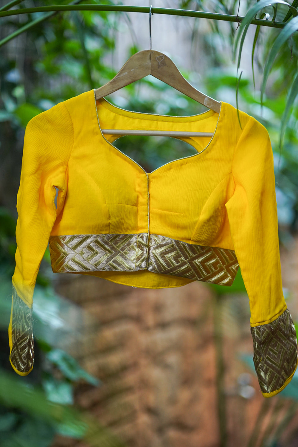 Yellow chiffon blouse with embroidered border detailing