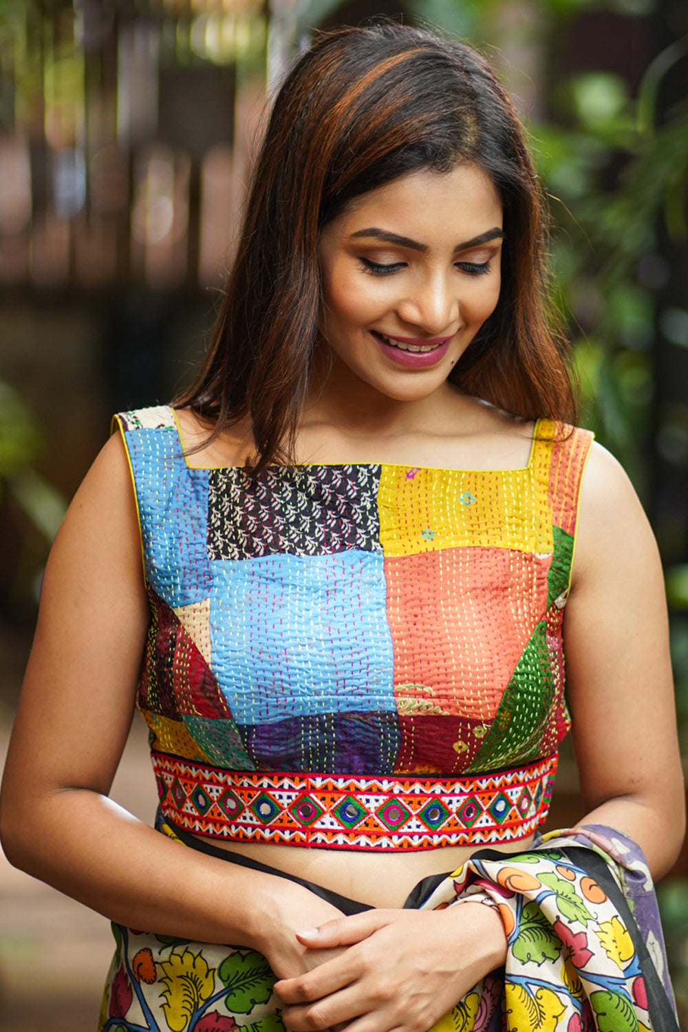 Kantha Patch Work Multicolor Square Neck Cotton Blouse with Kutch Embroidery detailing