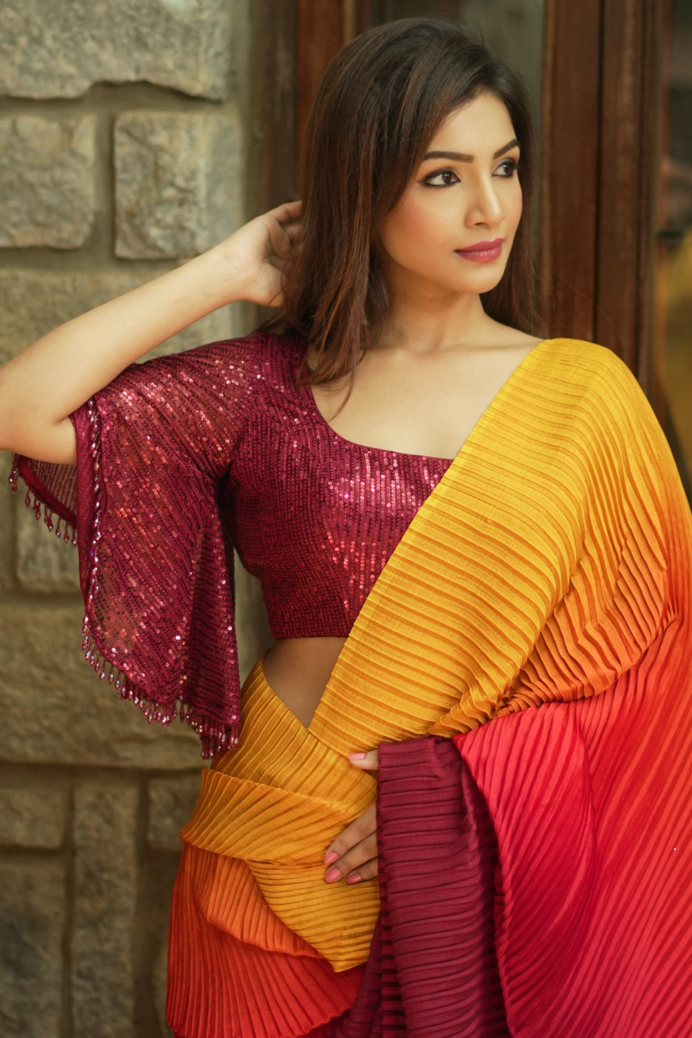 Maroon sequin U neck blouse with butterfly sleeves