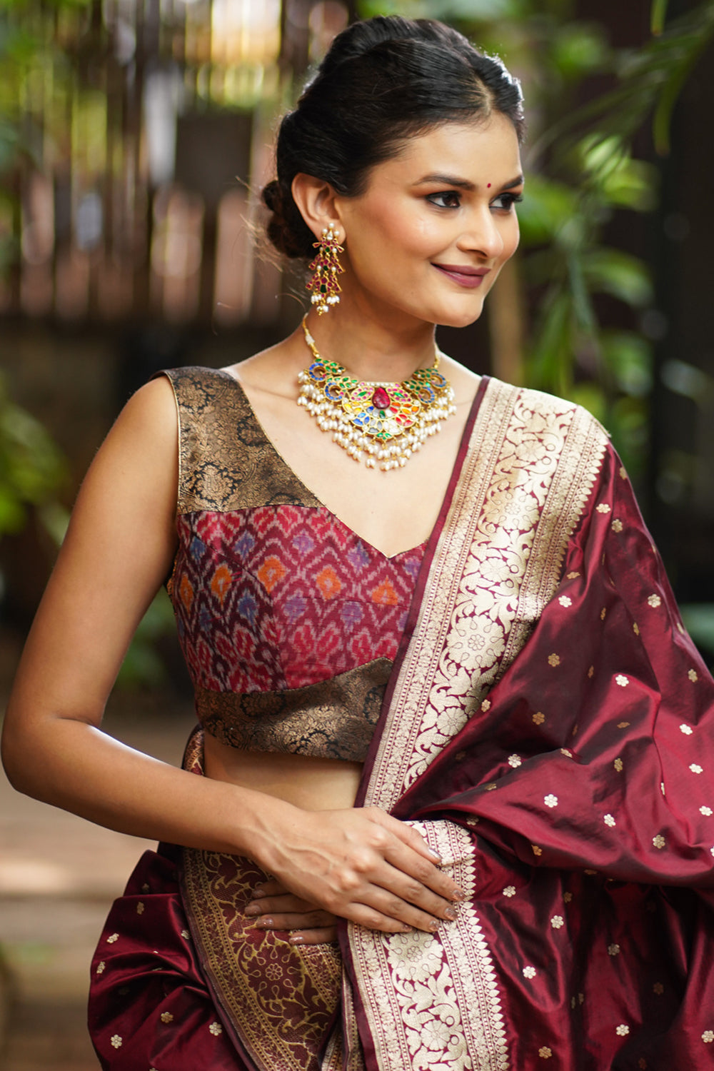 Pure Raw Silk with Ikkat weave and Banarasi pure silk brocade Blouse in maroon and Black