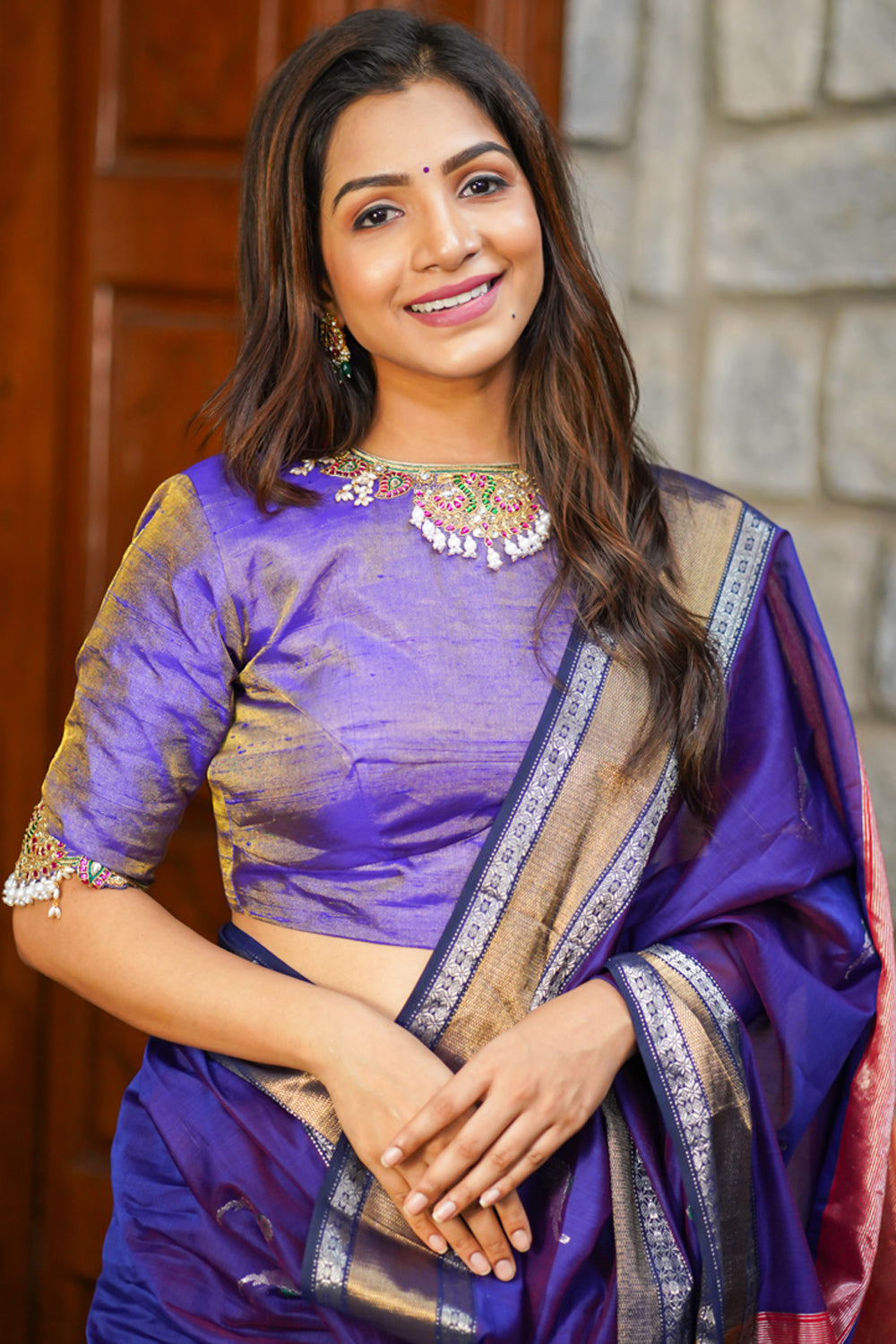 Exquisite Tissue Raw Silk Blouse in Lilac with Kemp Necklace and Bajuband design Handwork