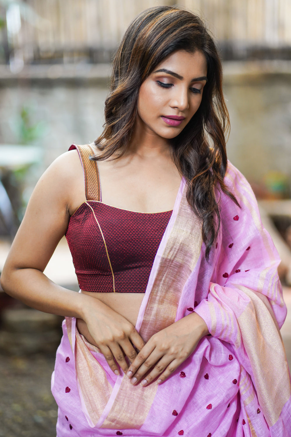 Maroon khana silk sweet heart strappy blouse