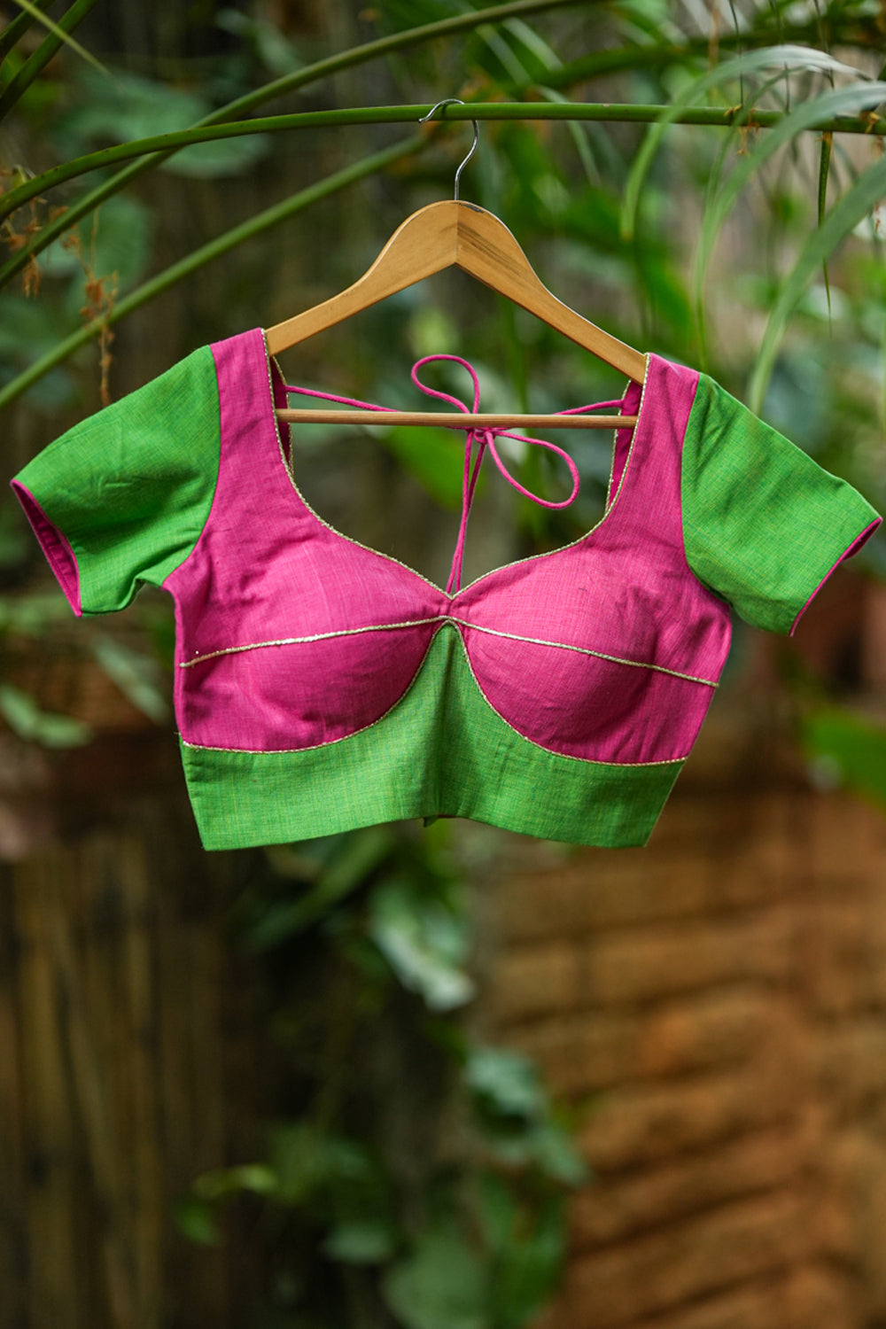 Neon pink and chartreuse handloom sweet heart neck blouse