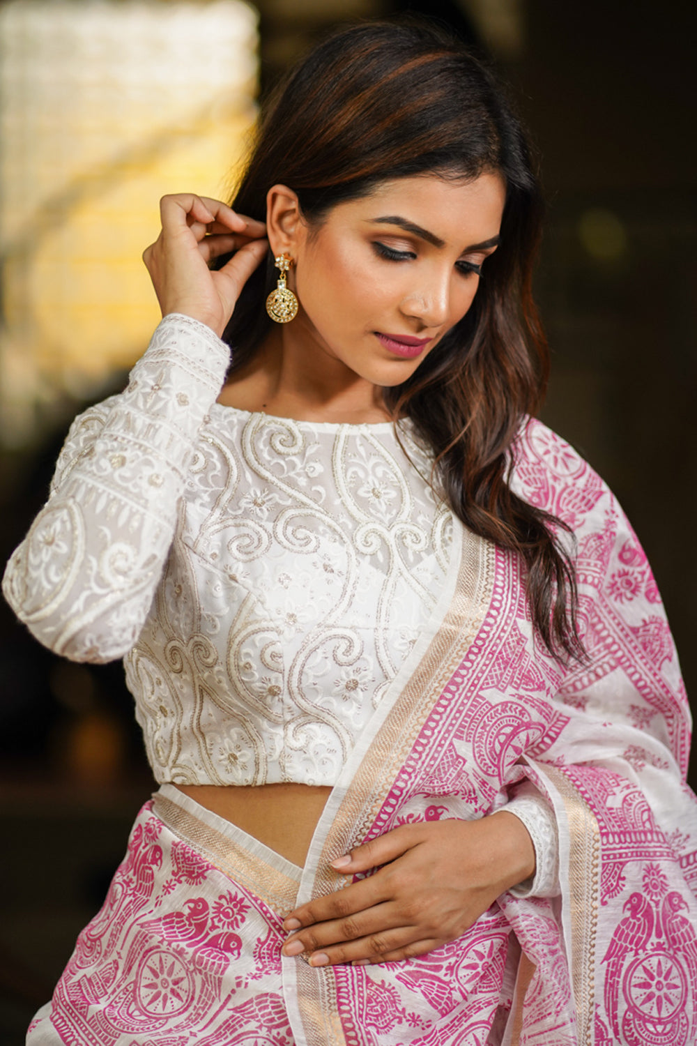 Chikankari style Full Jaal machine embroidered full sleeves blouse in Ivory Georgette with Gold tone highlights