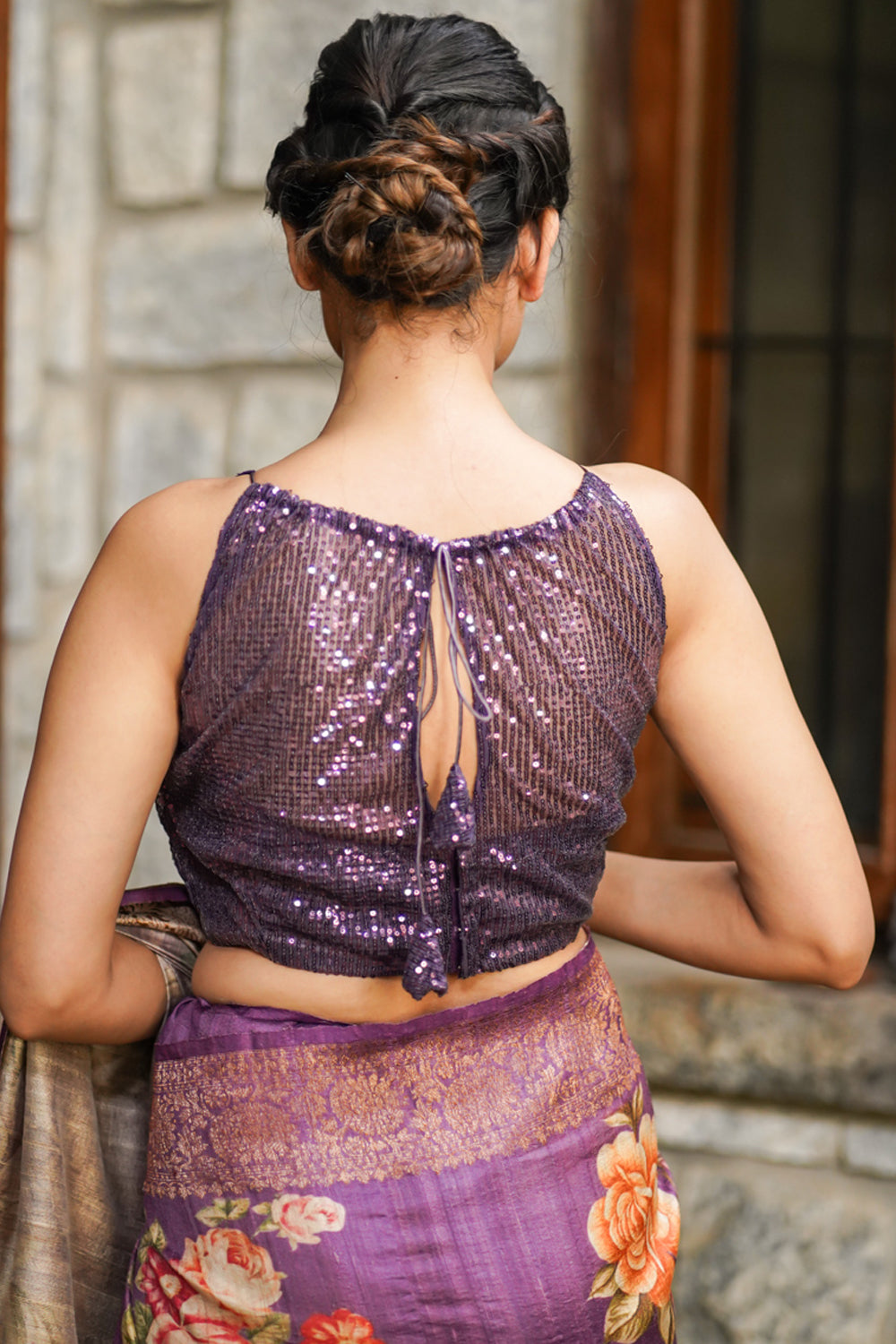 Stylish Amethyst Gathered Neck Blouse with self tone sequins and sheer yoke