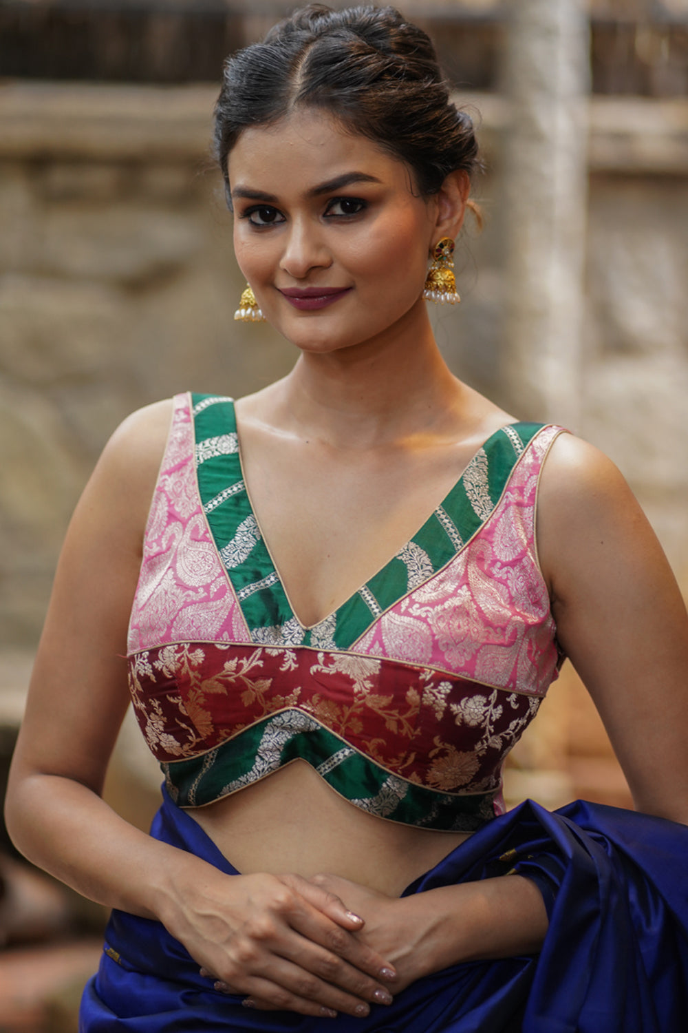 Stylish Pure Silk Brocade Blouse in Pink, maroon and Emerald Green with V neck and curved base