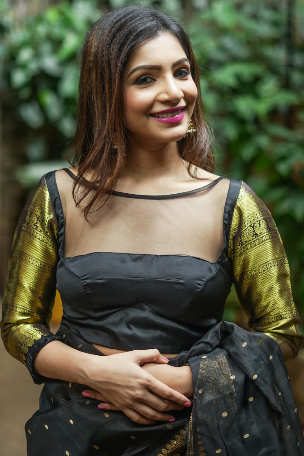 16" Zari Sleeves Kanjivaram Silk Blouse in Black & Gold | Made to Order