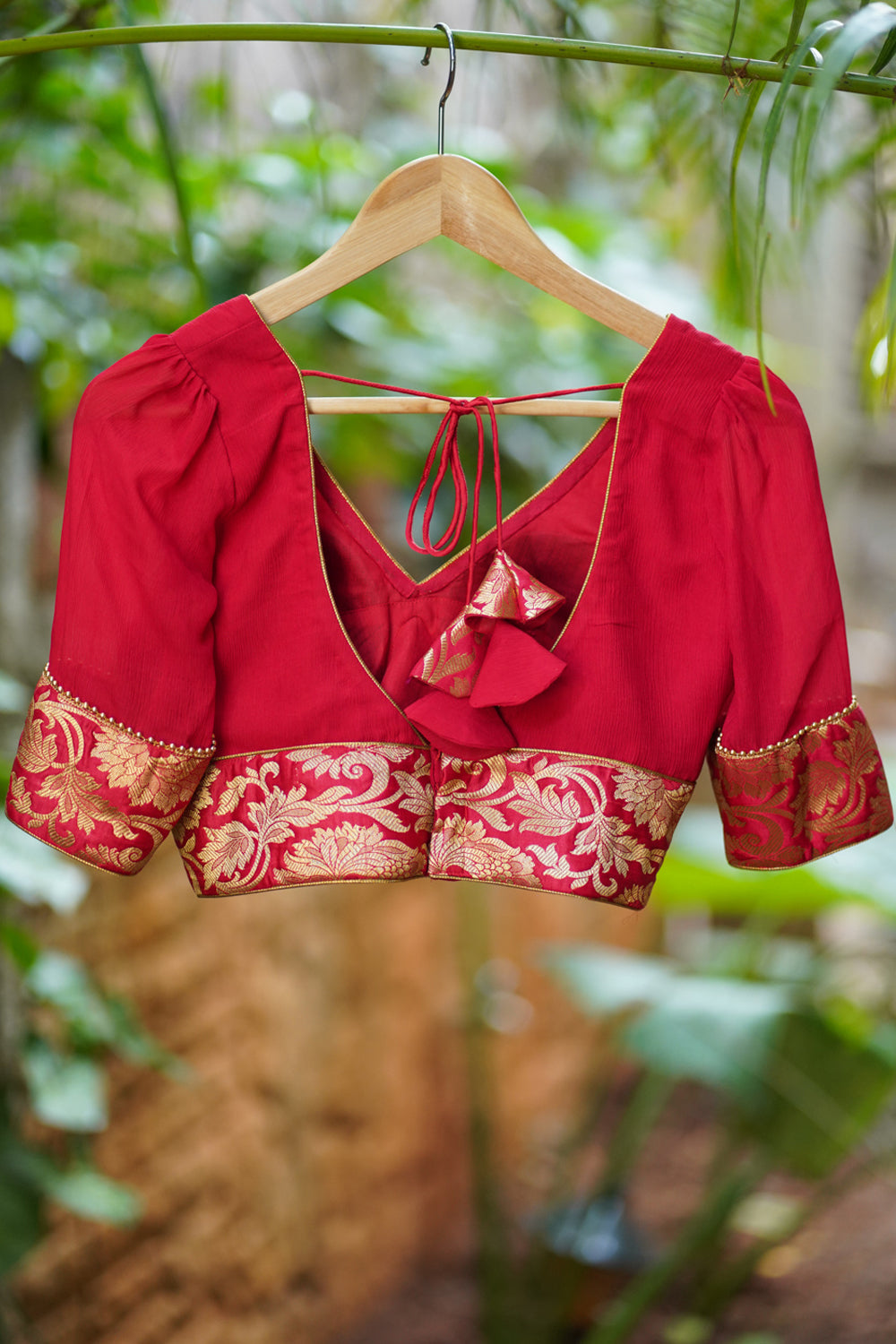 Red  Chiffon Blouse with Brocade detailing