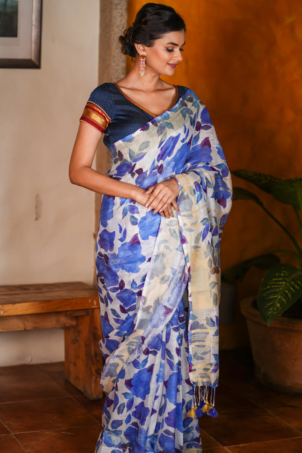 Watercolor Digital Print Linen saree in Blue
