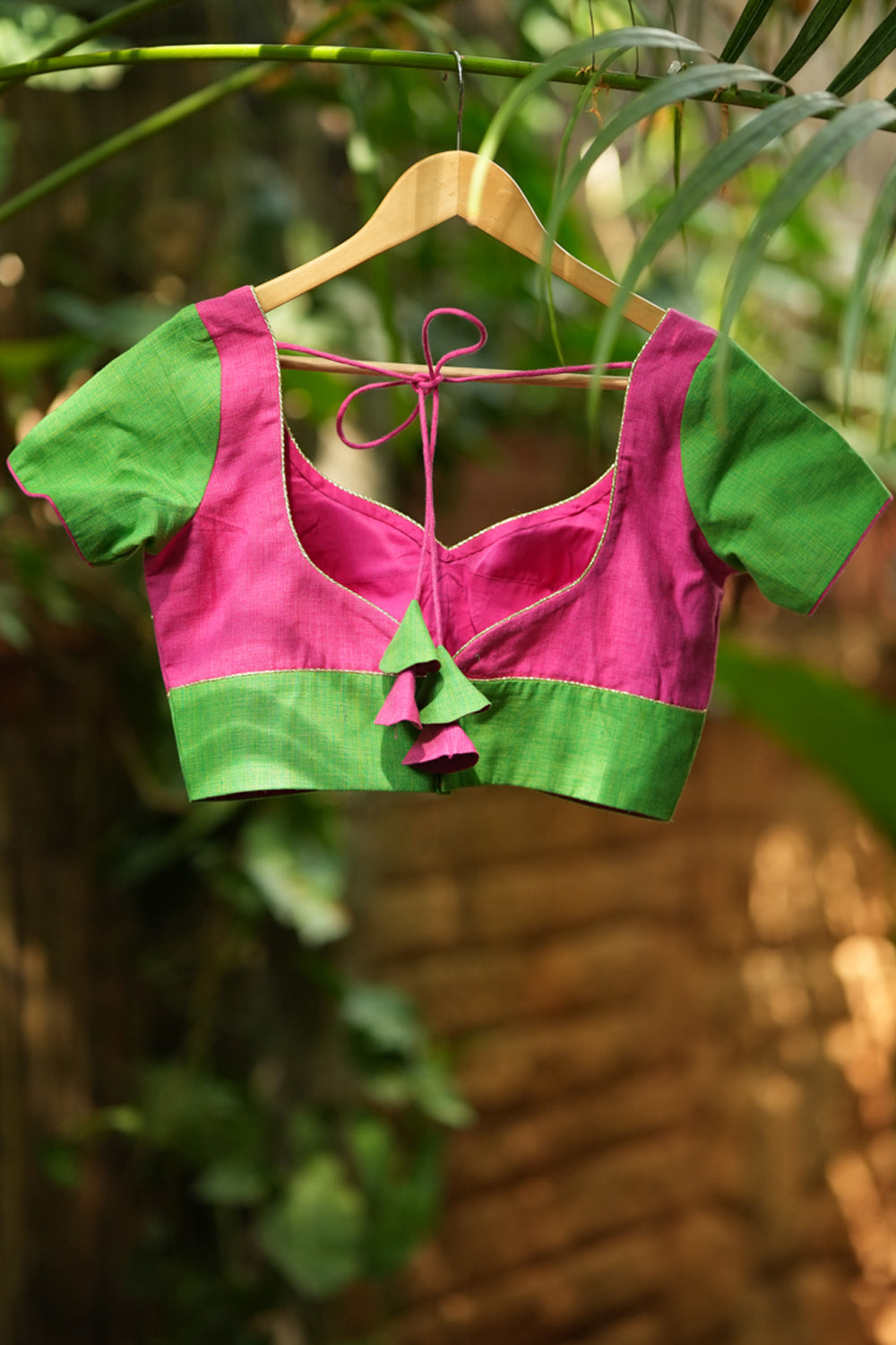 Neon pink and chartreuse handloom sweet heart neck blouse