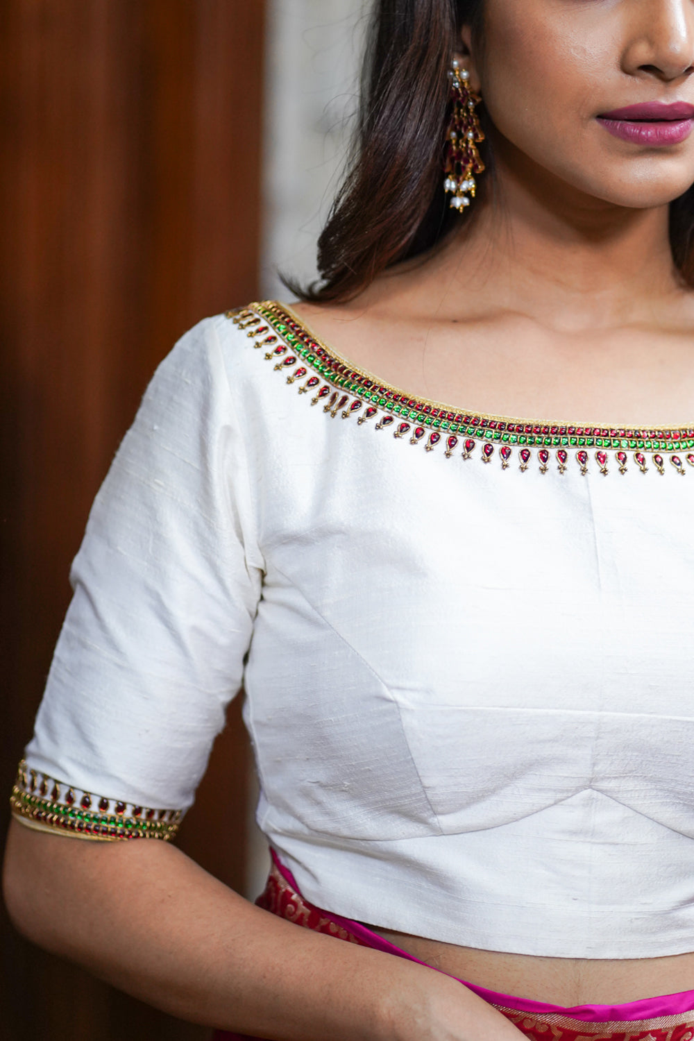 Ivory Pure Raw Silk Blouse with Kemp work detailing on boat neck and Jadau back buttons